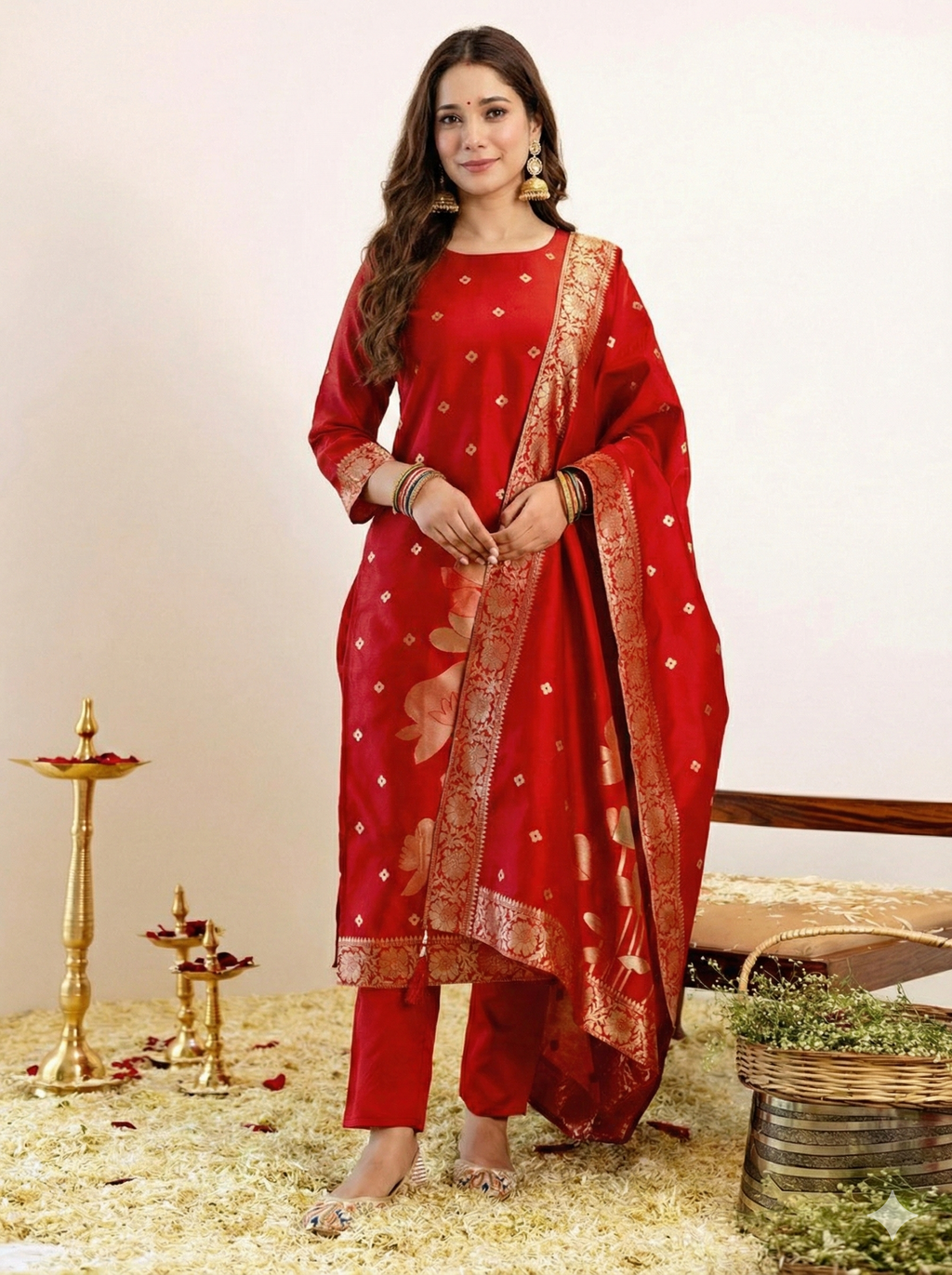 Red Jacquard Silk Suit Set with Dupatta