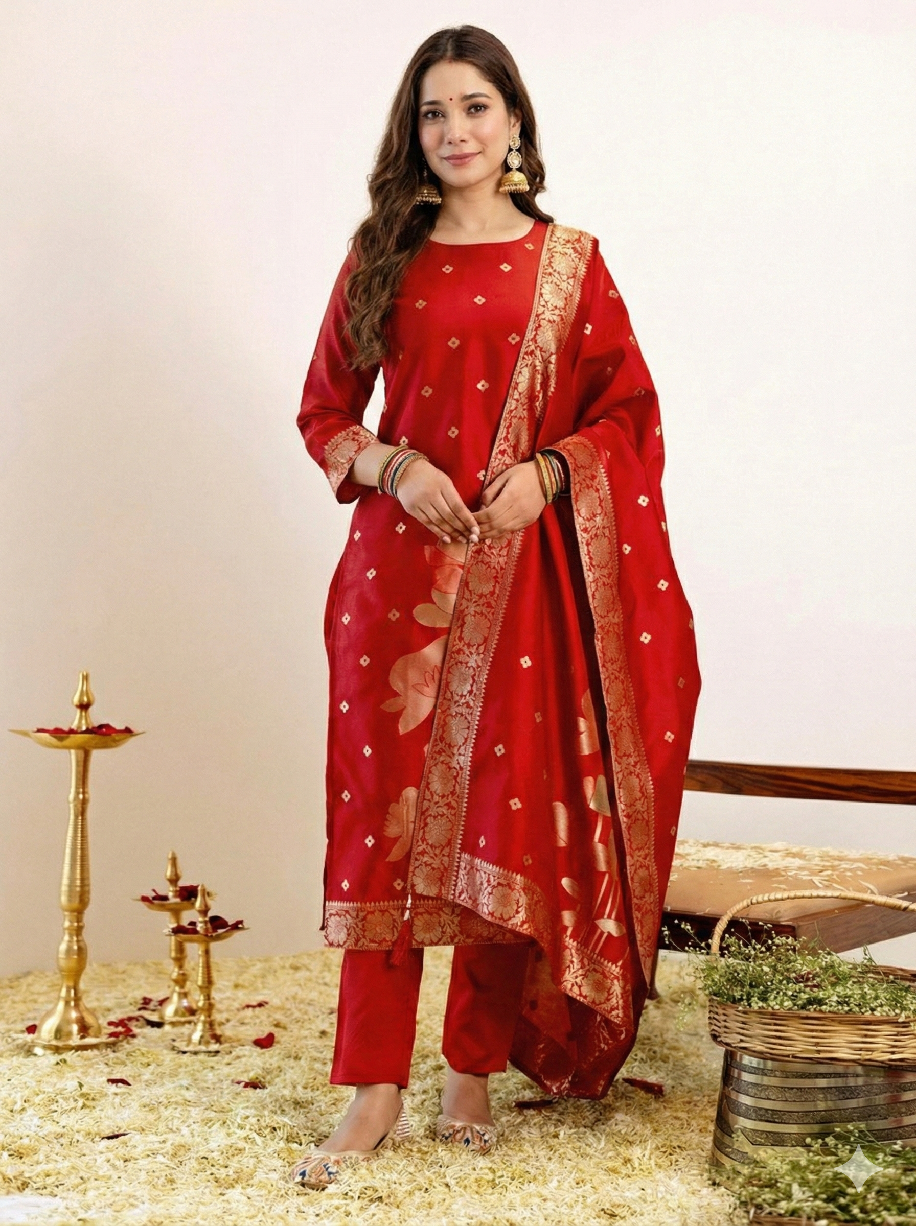 Red Jacquard Silk Suit Set with Dupatta