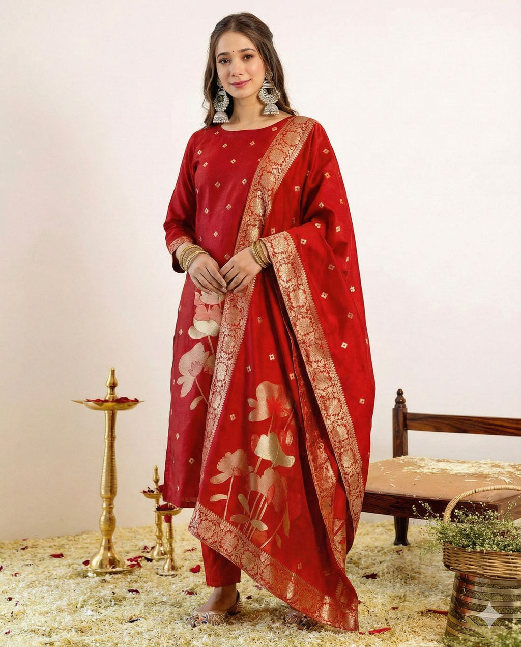 Red Jacquard Silk Suit Set with Dupatta