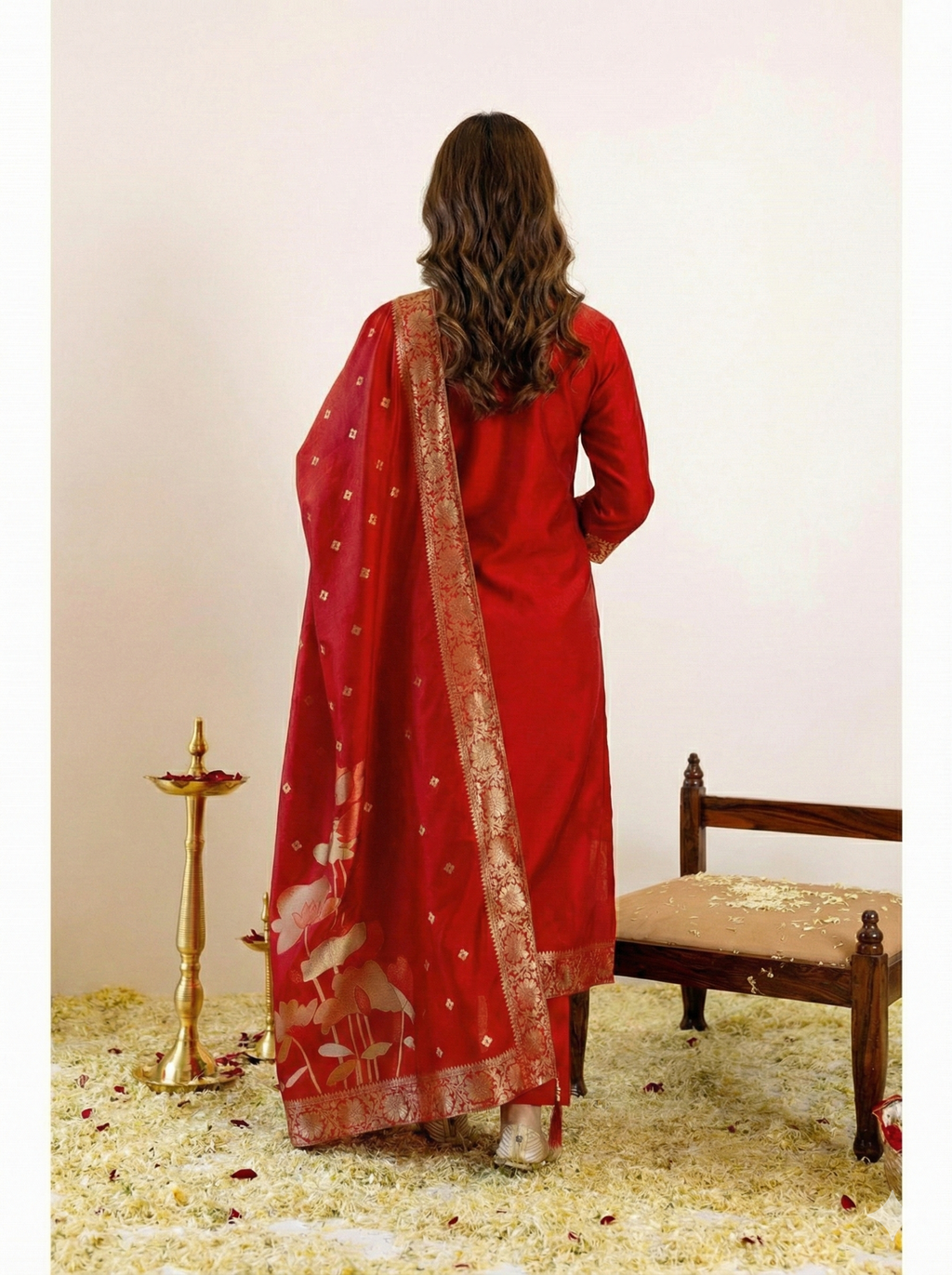 Red Jacquard Silk Suit Set with Dupatta