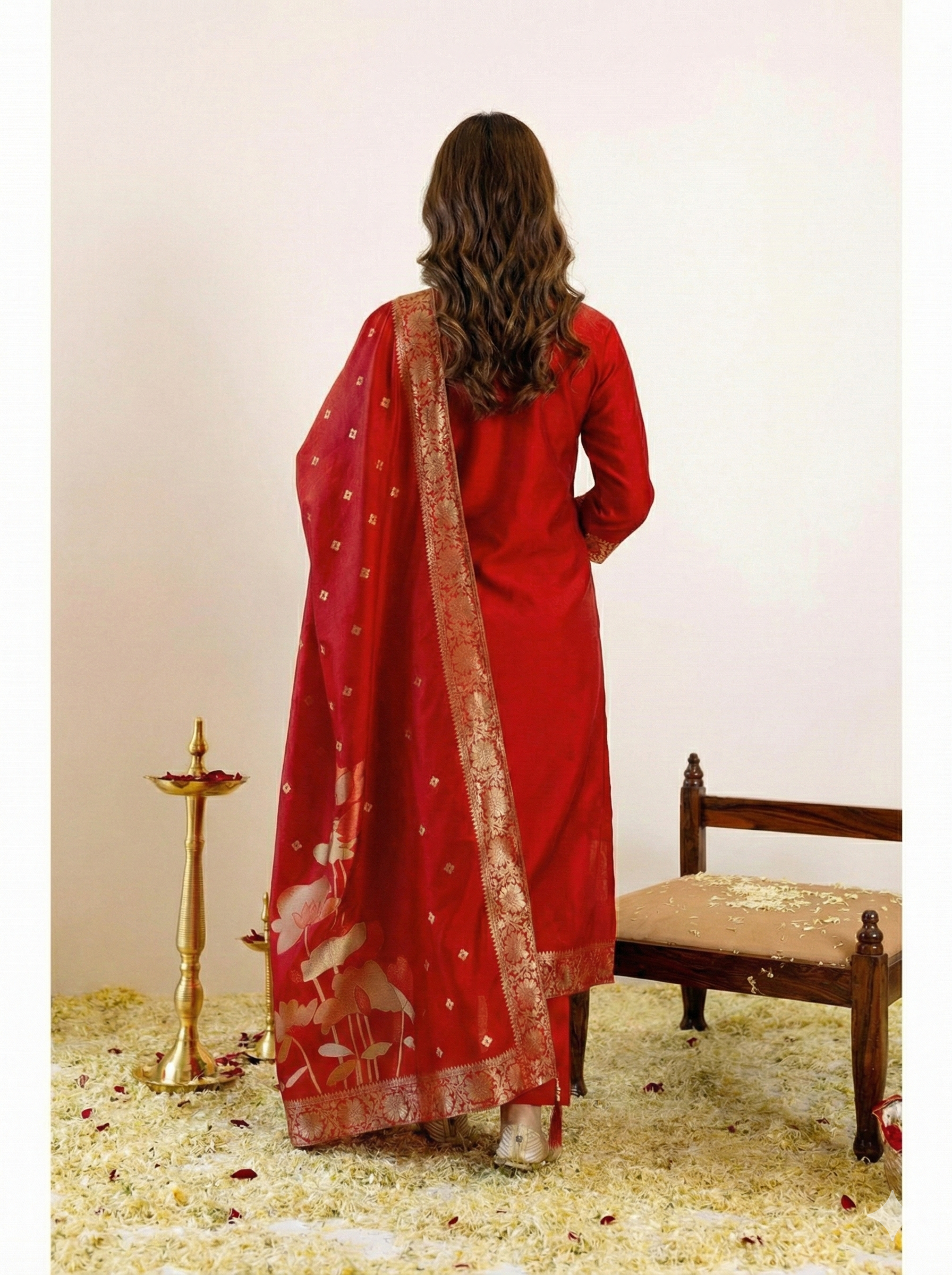 Red Jacquard Silk Suit Set with Dupatta