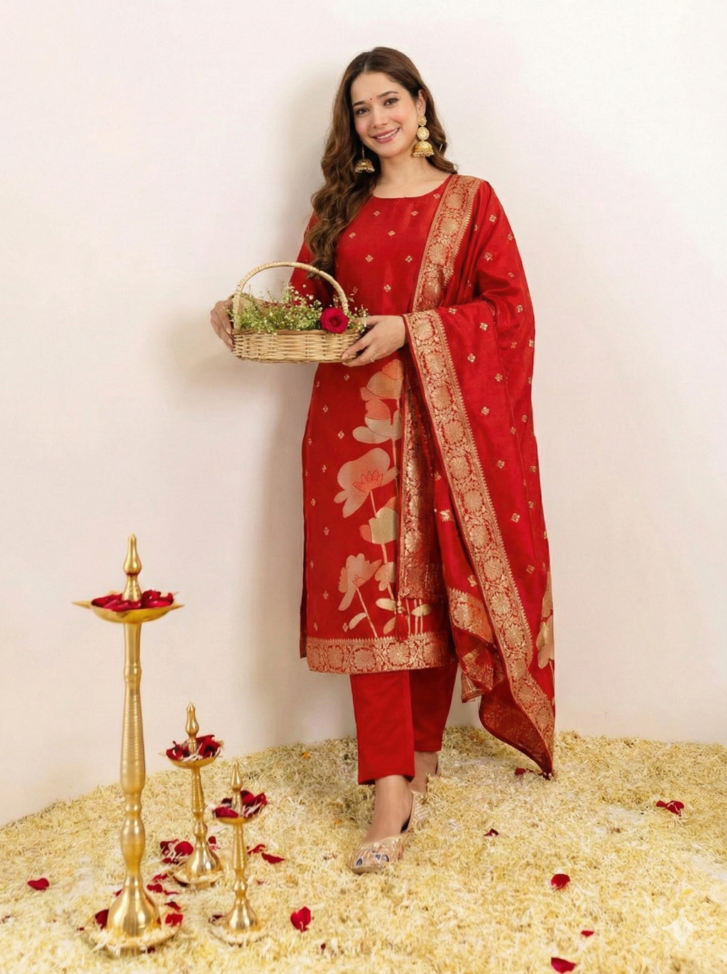 Red Jacquard Silk Suit Set with Dupatta