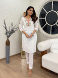 White Cotton Embroidered Kurta Pant Set | Elegant Handwork