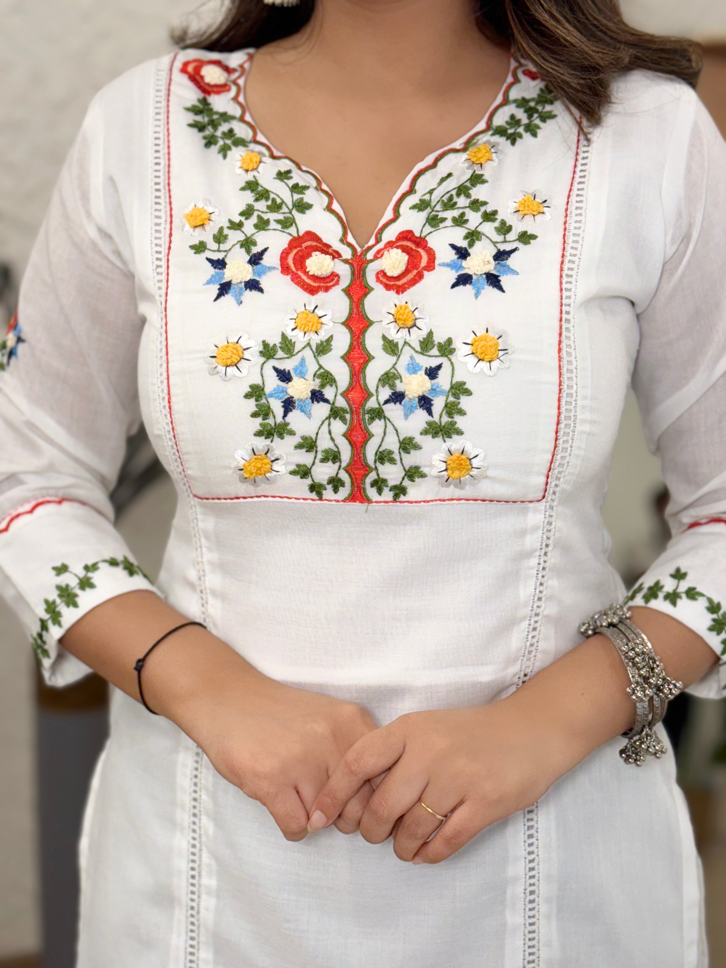White Cotton Embroidered Kurta Pant Set | Elegant Handwork