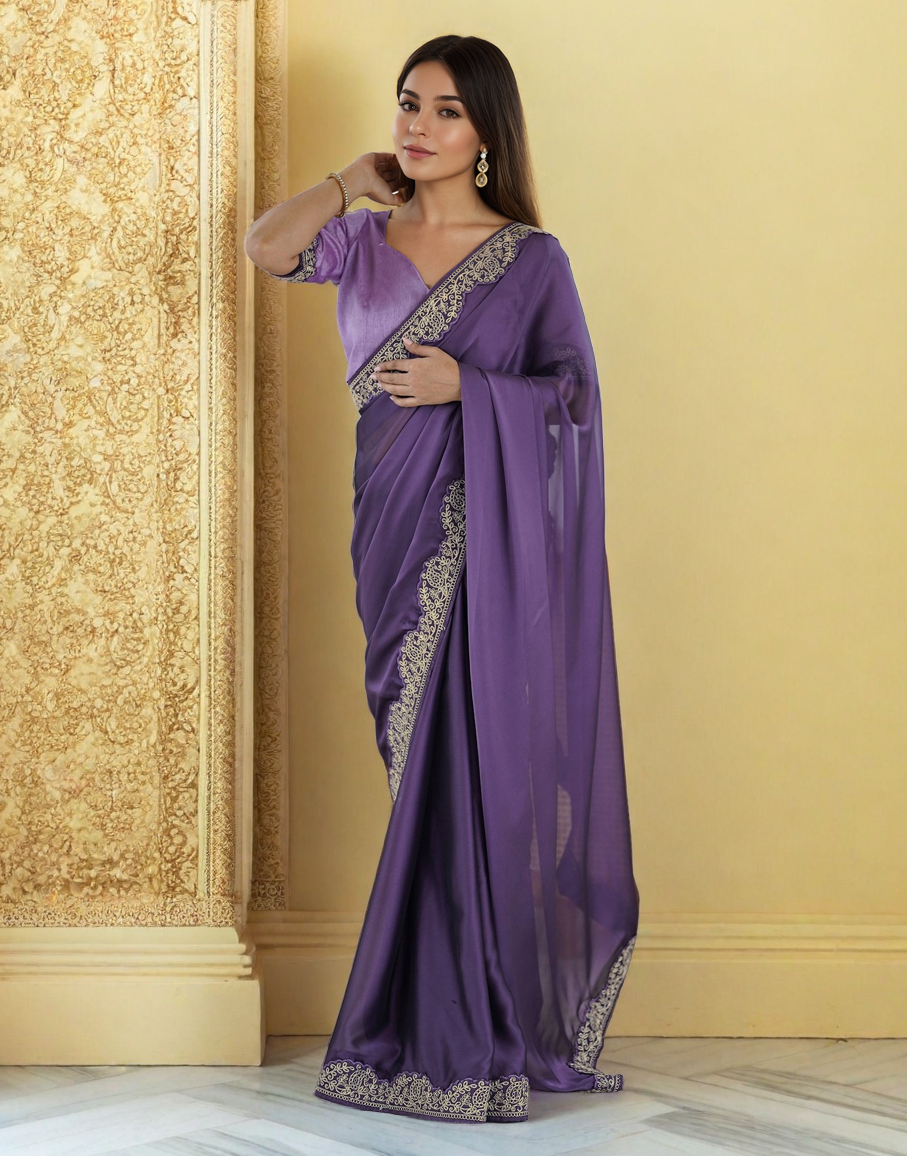 Lavender Silk Saree with Lace Work and Matching Blouse Piece