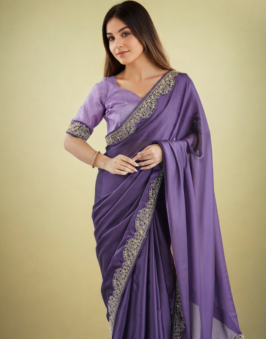 Lavender Silk Saree with Lace Work and Matching Blouse Piece