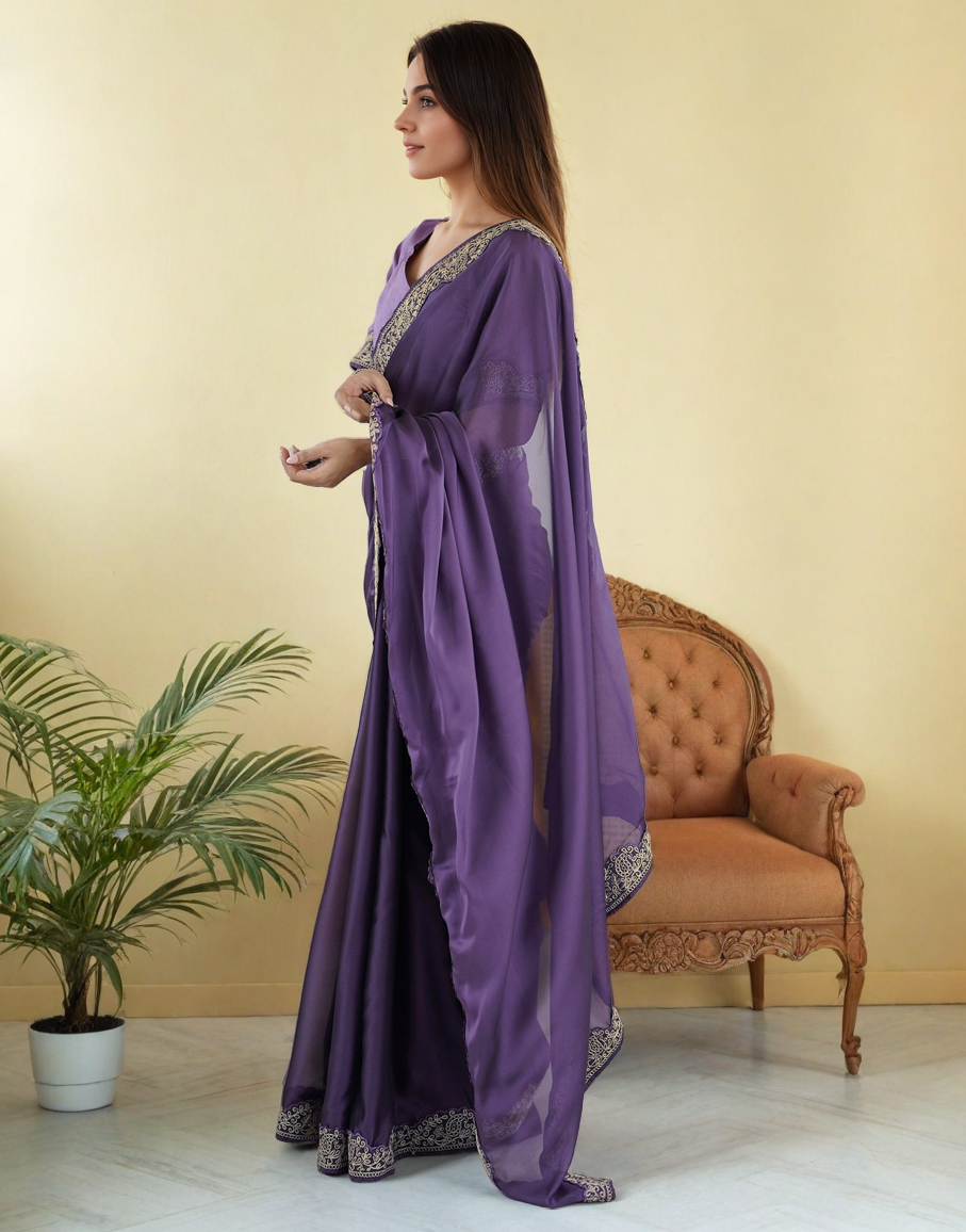 Lavender Silk Saree with Lace Work and Matching Blouse Piece