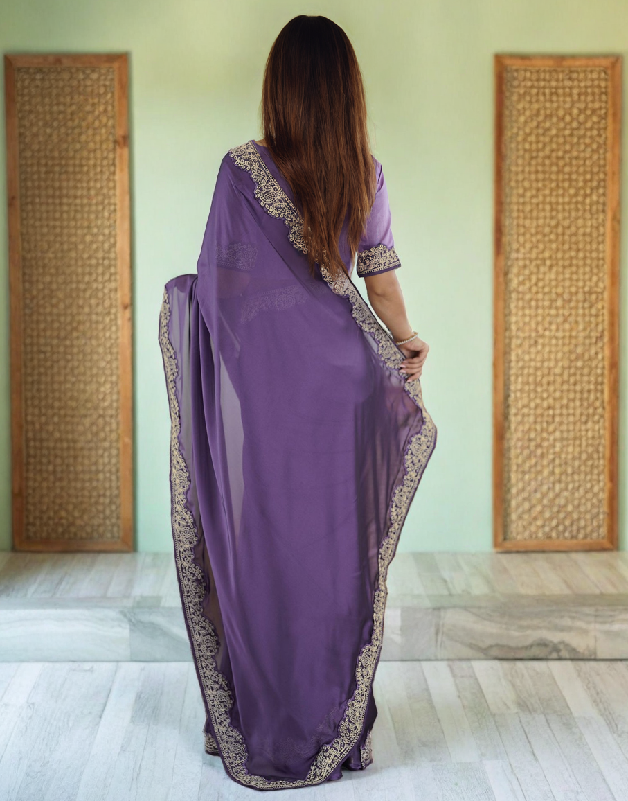 Lavender Silk Saree with Lace Work and Matching Blouse Piece
