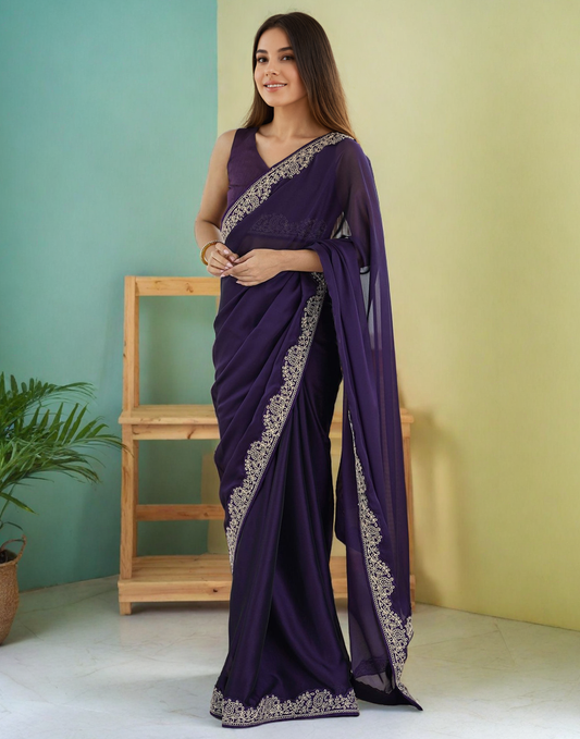 Purple Silk Saree with Lace Work and Matching Blouse Piece