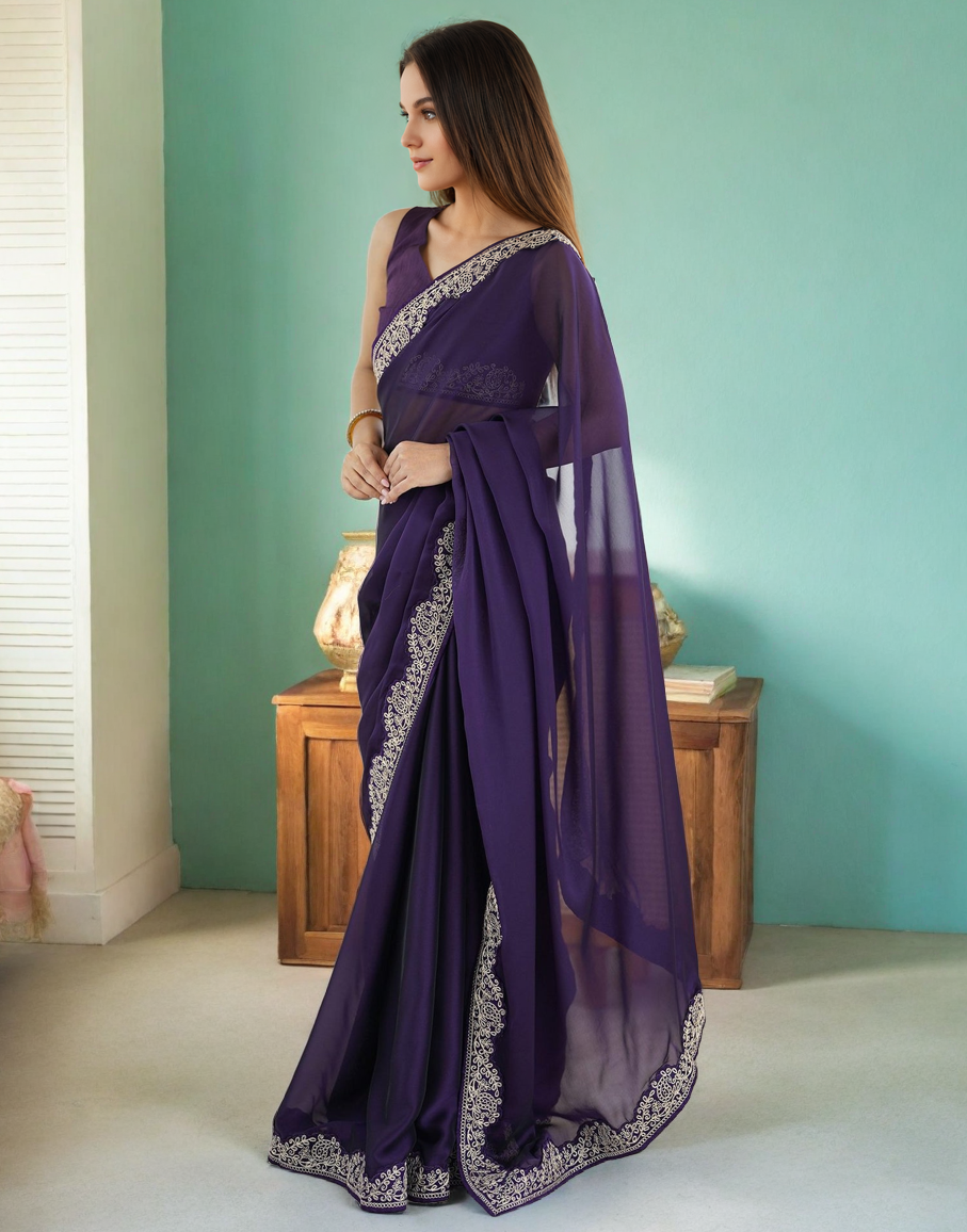 Purple Silk Saree with Lace Work and Matching Blouse Piece