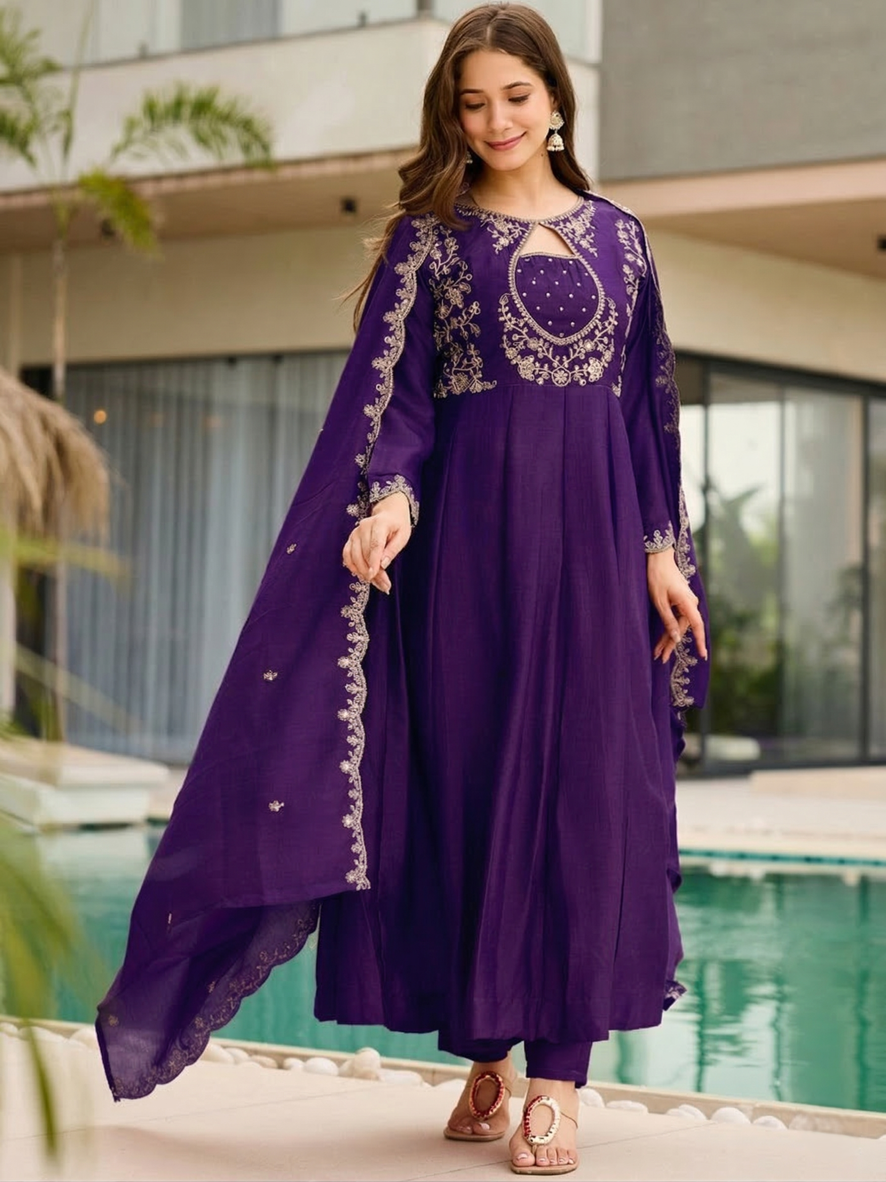 Purple Embroidered Vichitra Suit Set with Dupatta | Designer Festive Wear Kurta Set