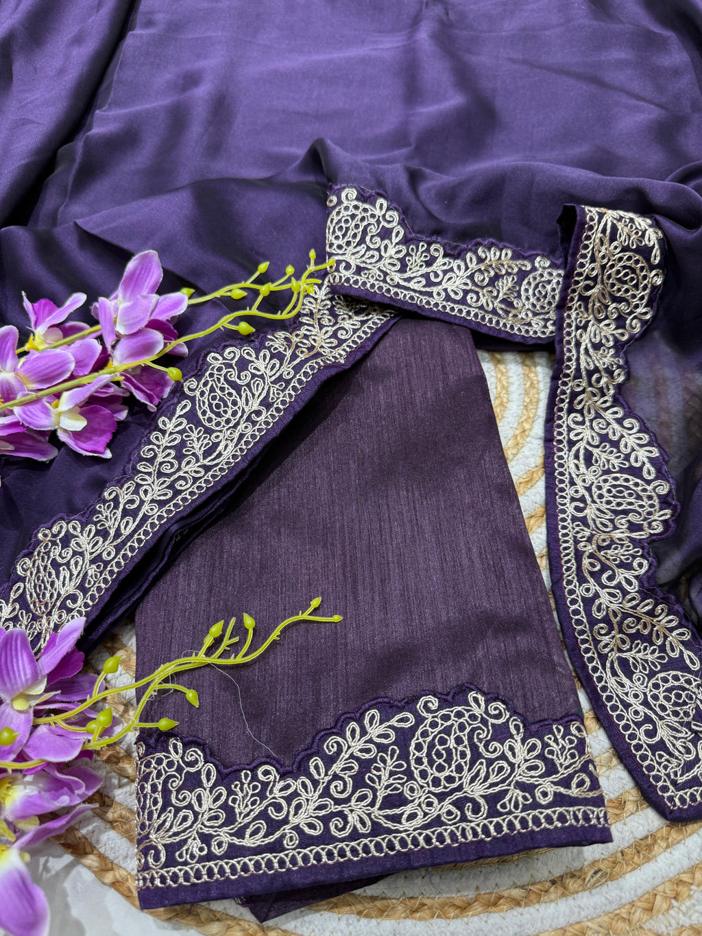 Purple Silk Saree with Lace Work and Matching Blouse Piece