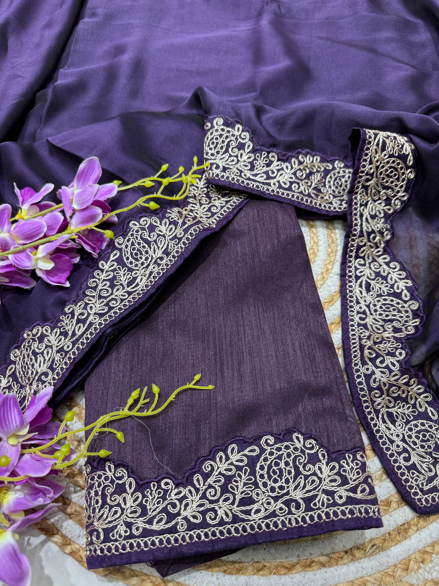 Purple Silk Saree with Lace Work and Matching Blouse Piece