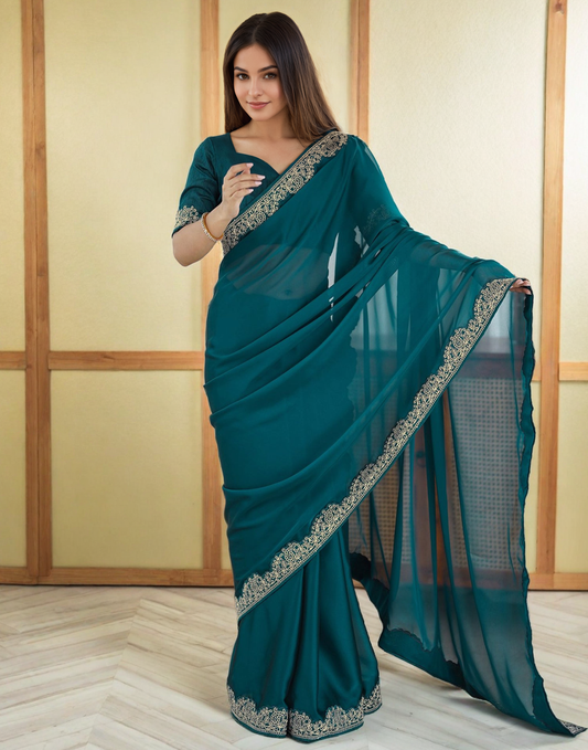 Bluish Cyan Silk Saree with Lace Work and Matching Blouse Piece