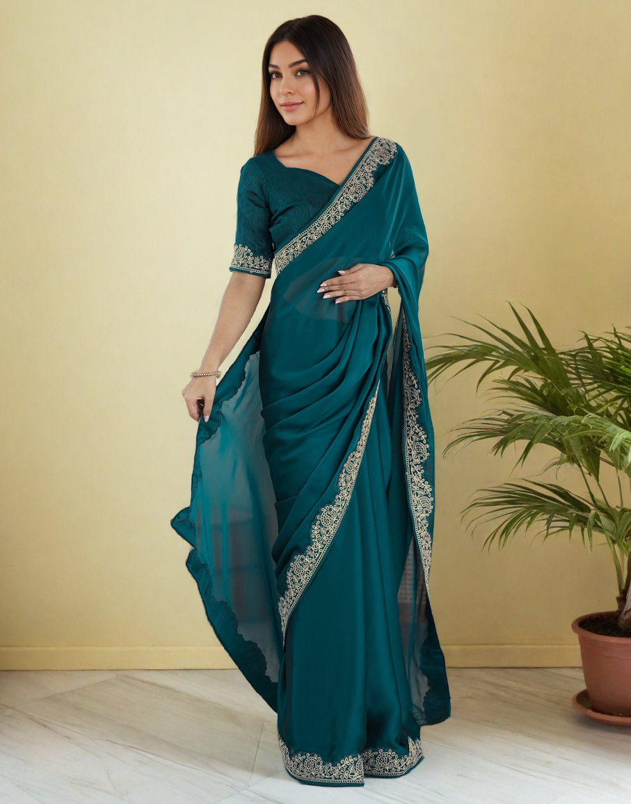 Bluish Cyan Silk Saree with Lace Work and Matching Blouse Piece