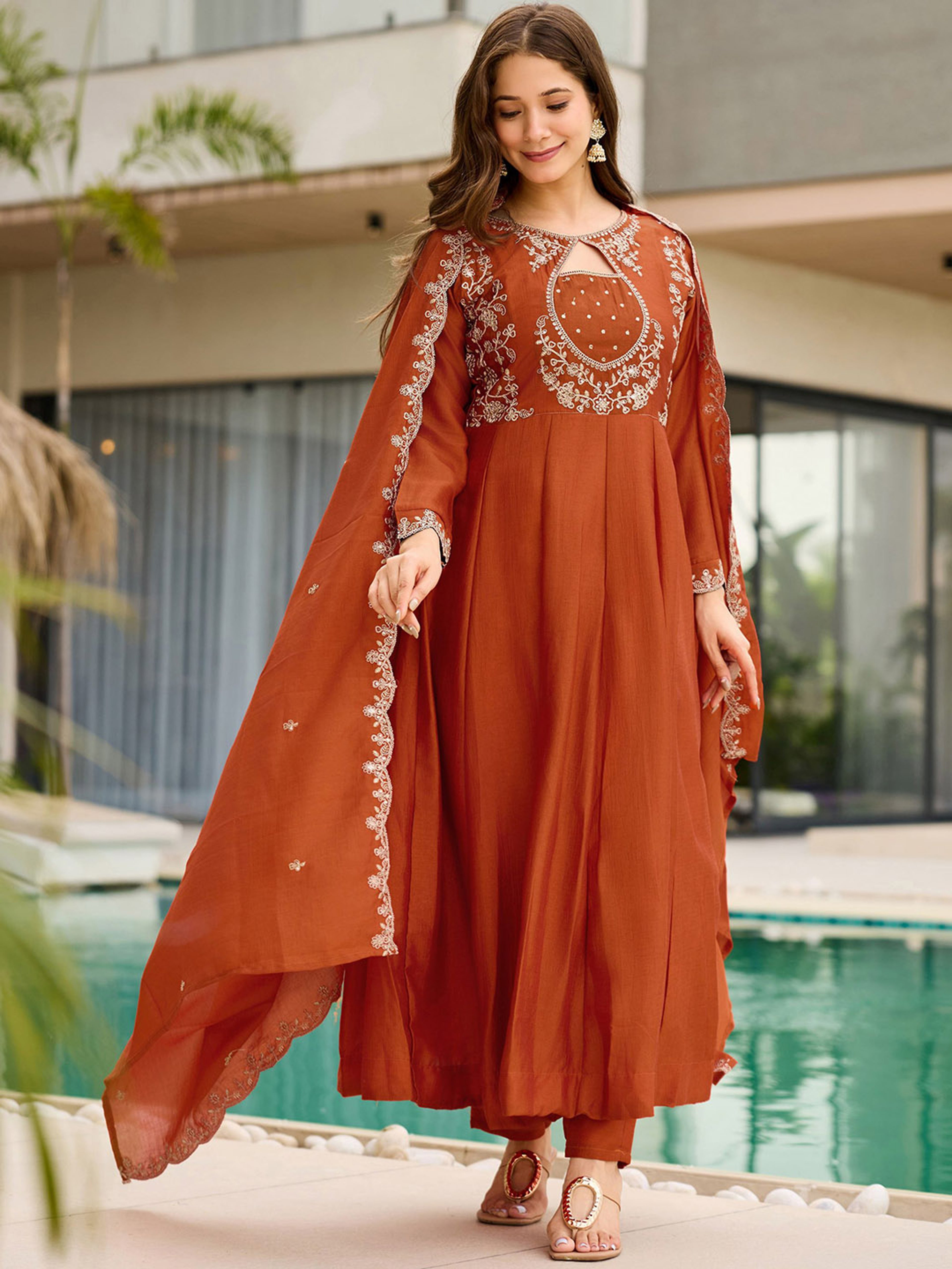 Rust Orange Embroidered Vichitra Suit Set with Dupatta | Designer Festive Kurta Set