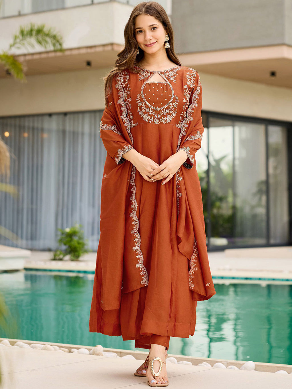 Rust Orange Embroidered Vichitra Suit Set with Dupatta | Designer Festive Kurta Set