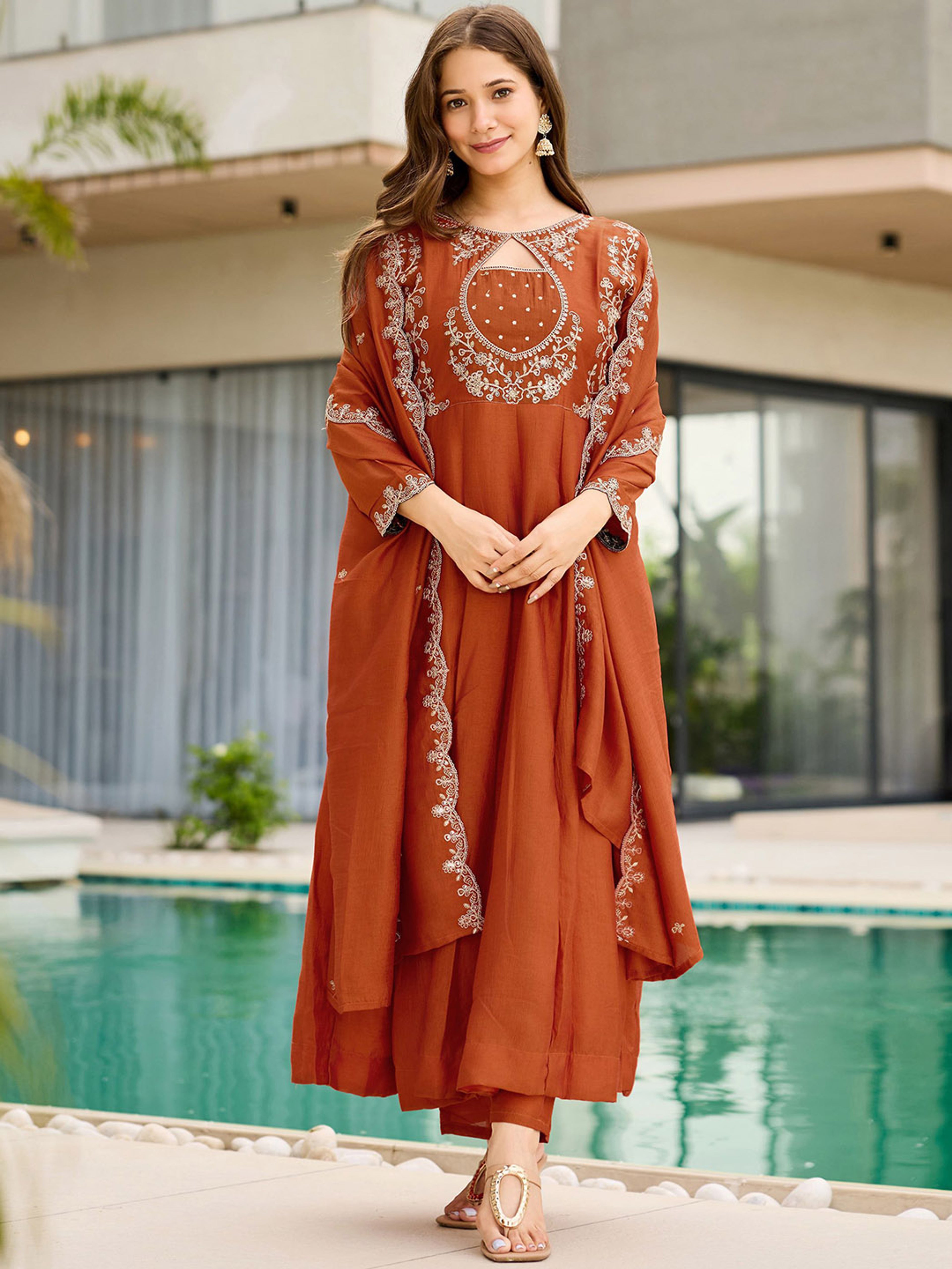 Rust Orange Embroidered Vichitra Suit Set with Dupatta | Designer Festive Kurta Set