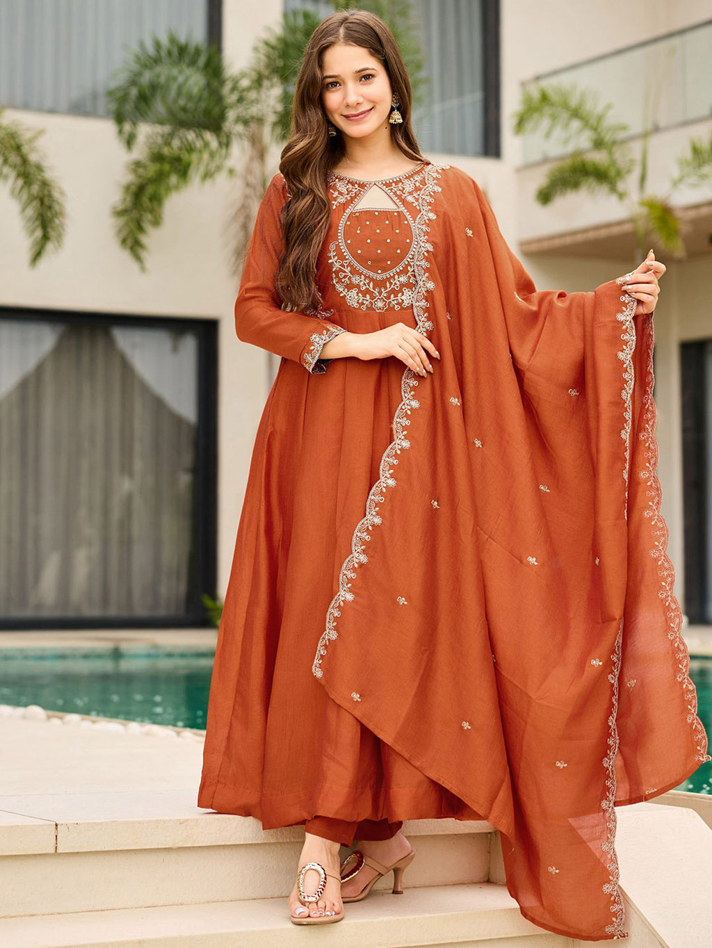 Rust Orange Embroidered Vichitra Suit Set with Dupatta | Designer Festive Kurta Set