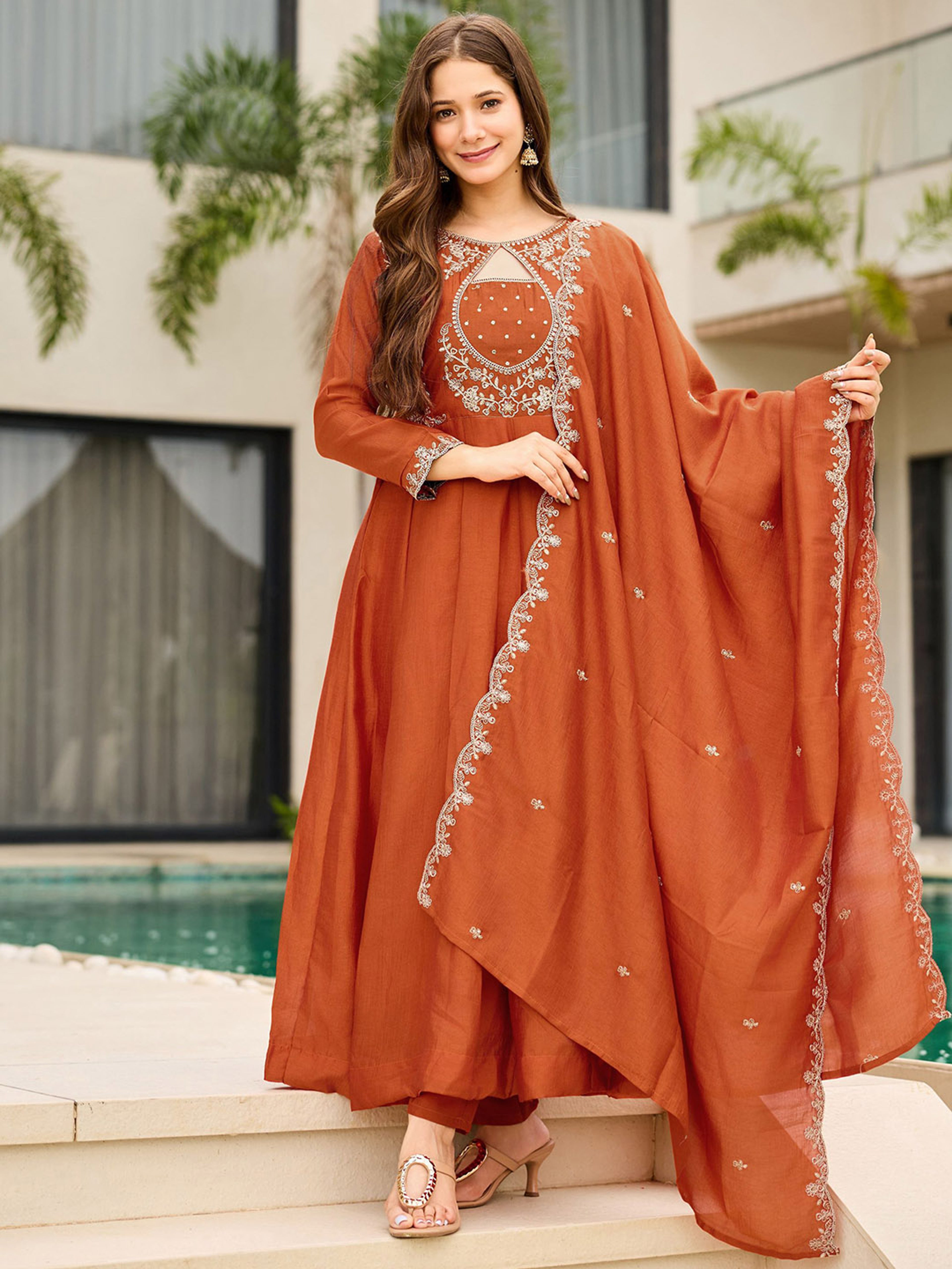 Rust Orange Embroidered Vichitra Suit Set with Dupatta | Designer Festive Kurta Set