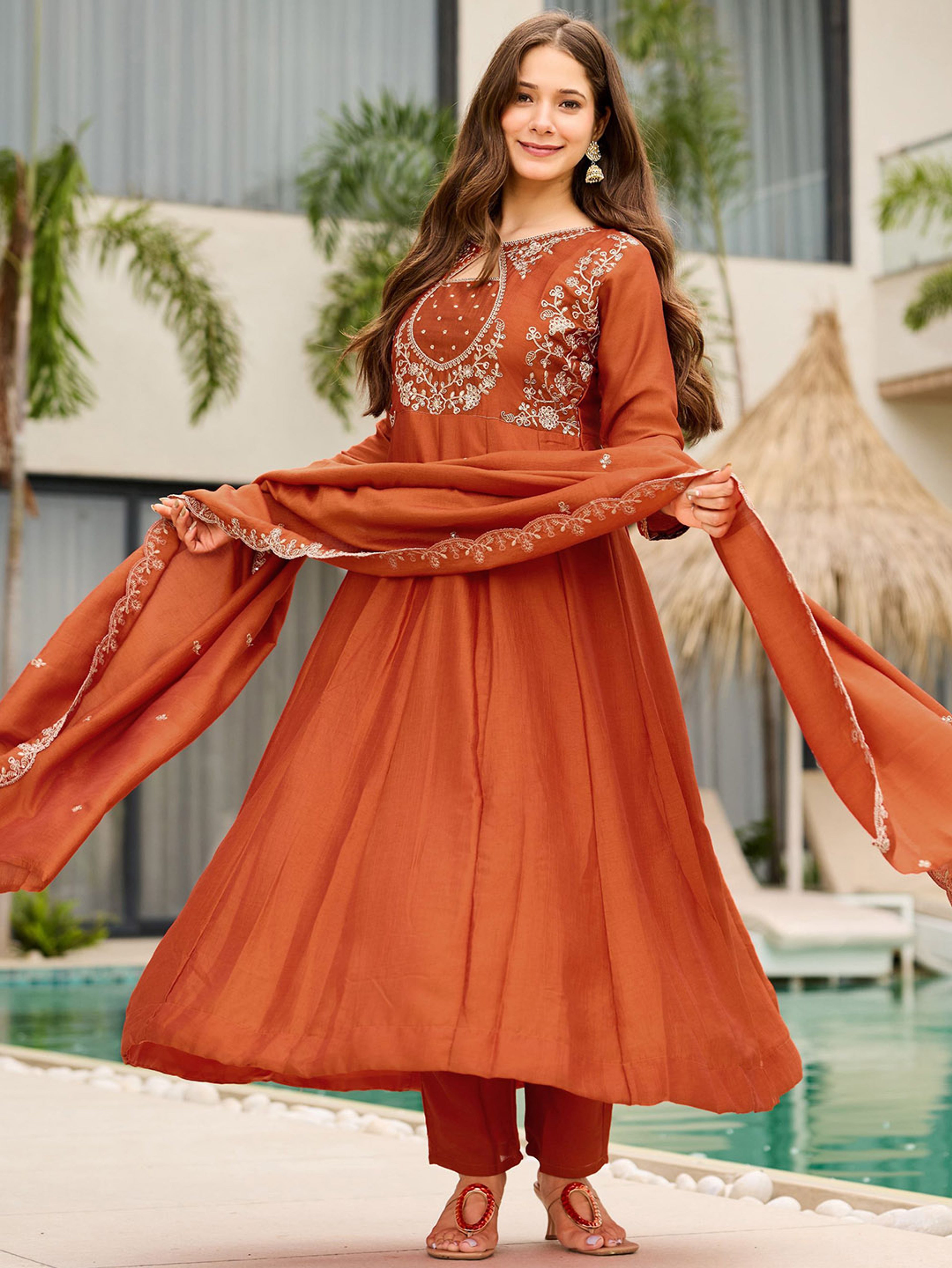 Rust Orange Embroidered Vichitra Suit Set with Dupatta | Designer Festive Kurta Set
