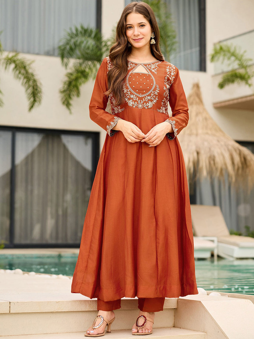 Rust Orange Embroidered Vichitra Suit Set with Dupatta | Designer Festive Kurta Set