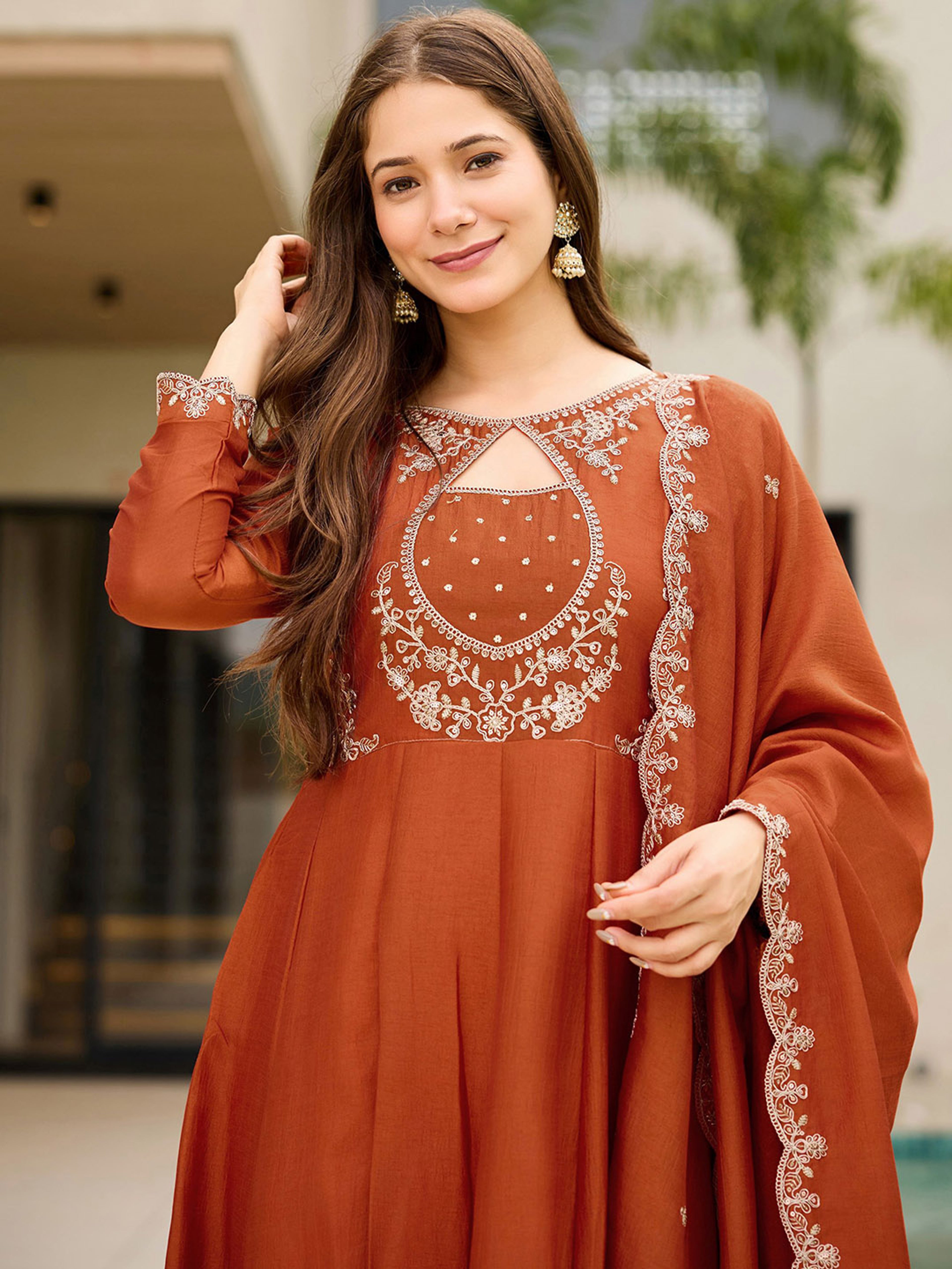 Rust Orange Embroidered Vichitra Suit Set with Dupatta | Designer Festive Kurta Set