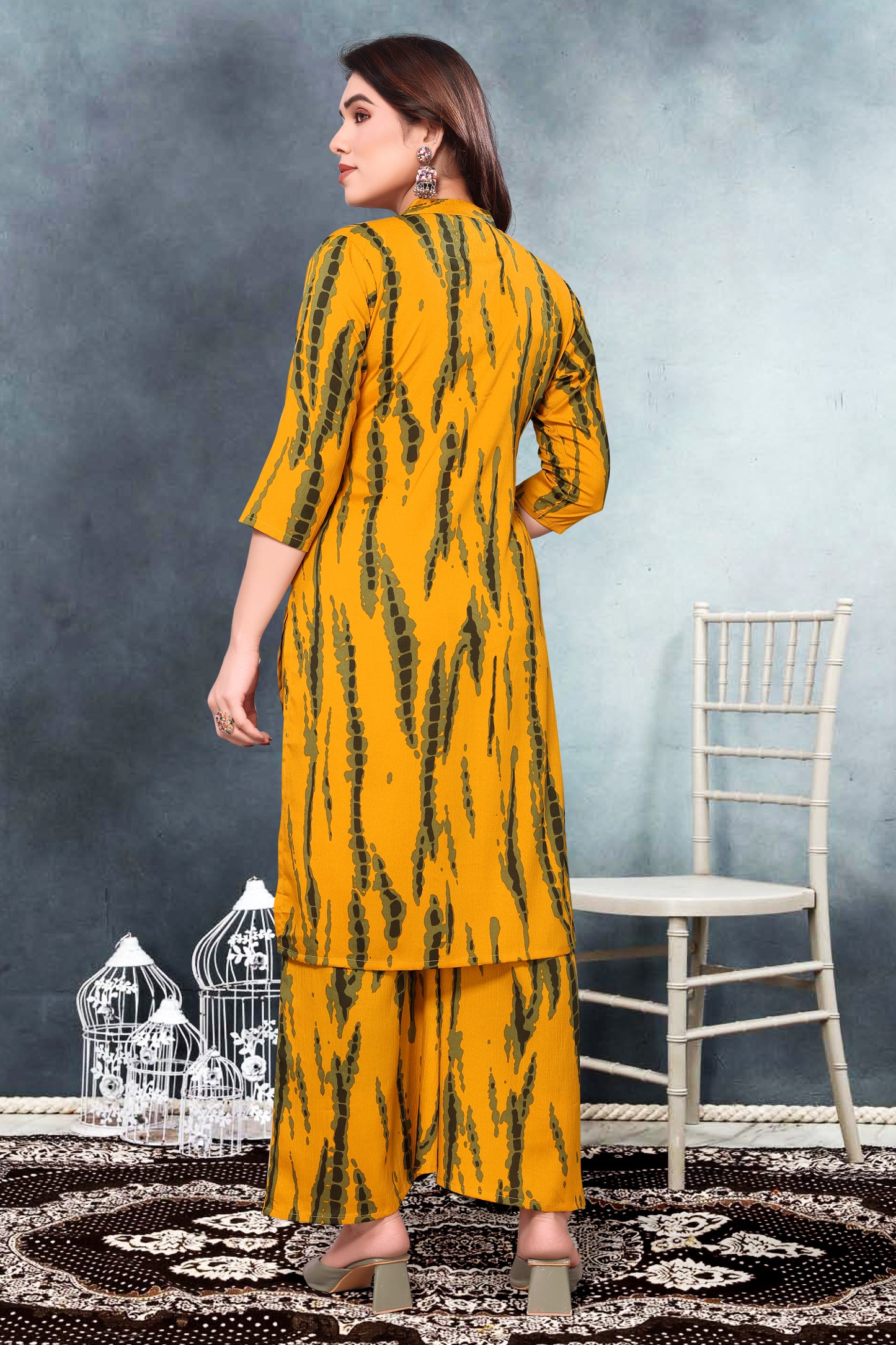 Mustard Abstract Print Co-Ord Set in Poly Cotton Fabric