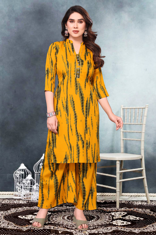 Mustard Abstract Print Co-Ord Set in Poly Cotton Fabric