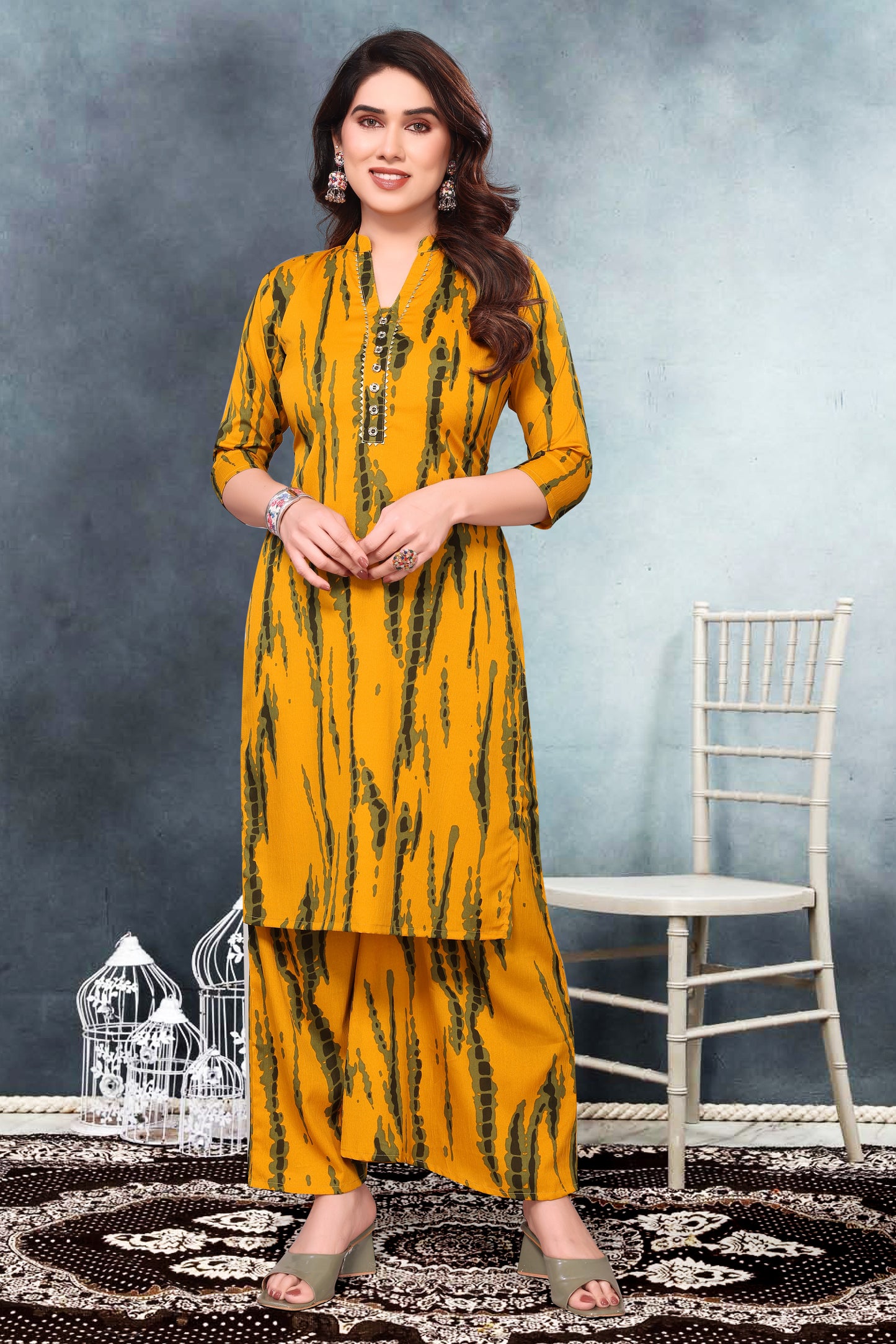 Mustard Abstract Print Co-Ord Set in Poly Cotton Fabric