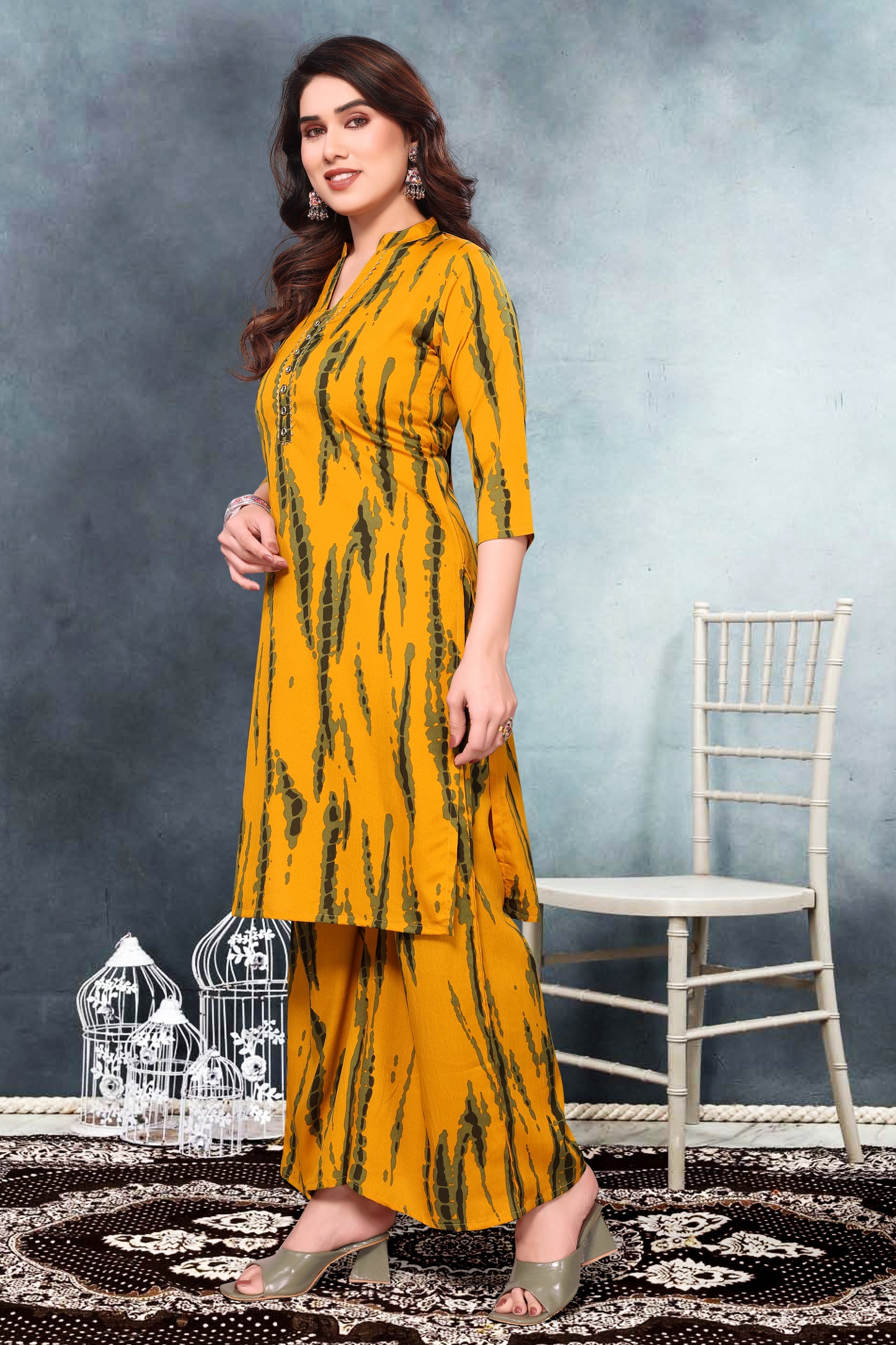 Mustard Abstract Print Co-Ord Set in Poly Cotton Fabric