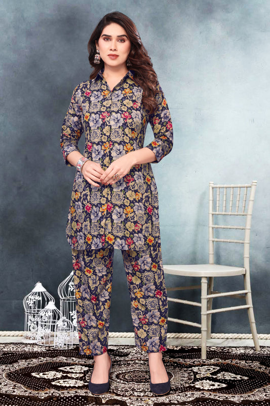 Navy Blue Floral Print Co-Ord Set for Women – Stylish & Trendy