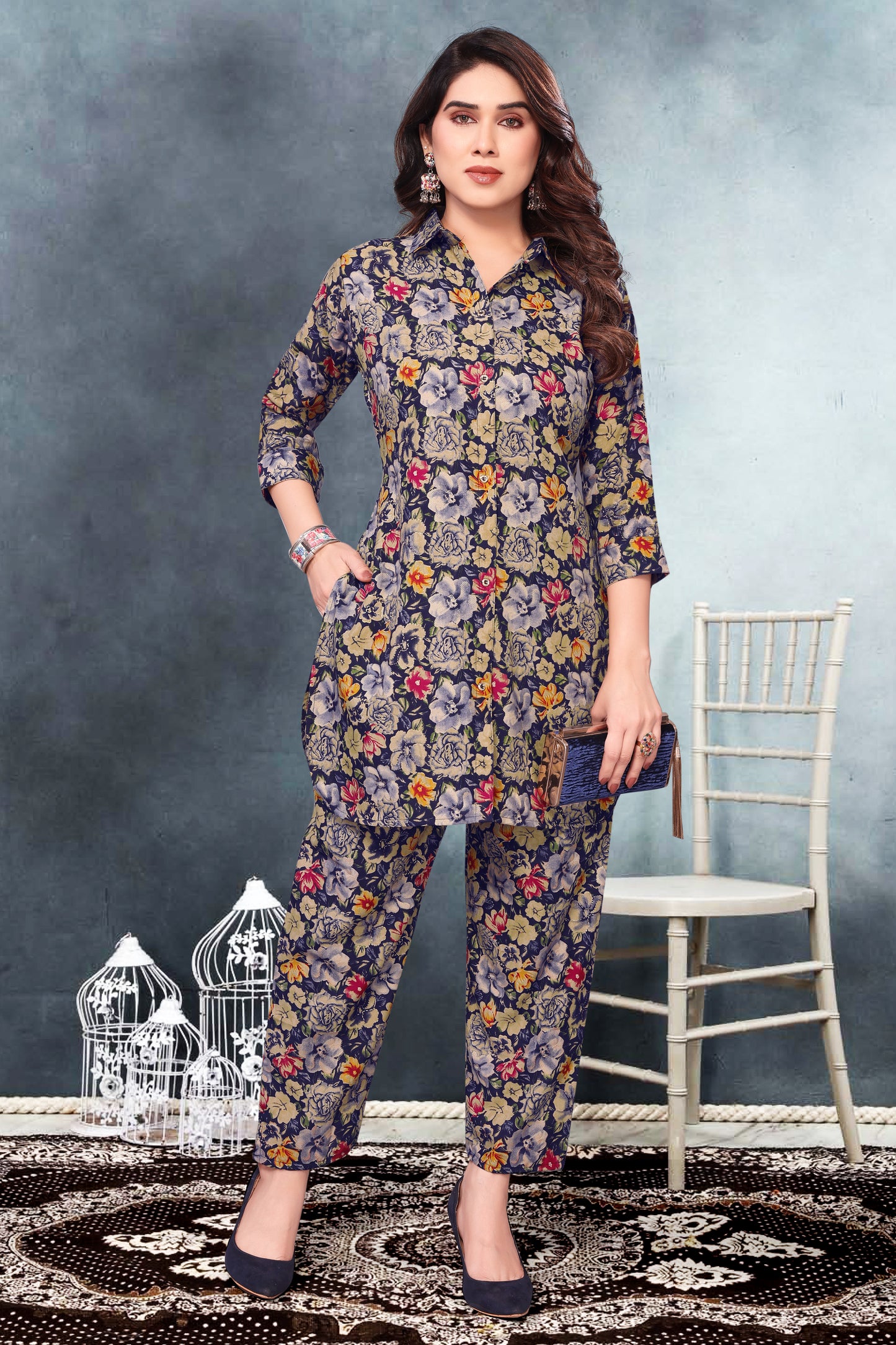 Navy Blue Floral Print Co-Ord Set for Women – Stylish & Trendy