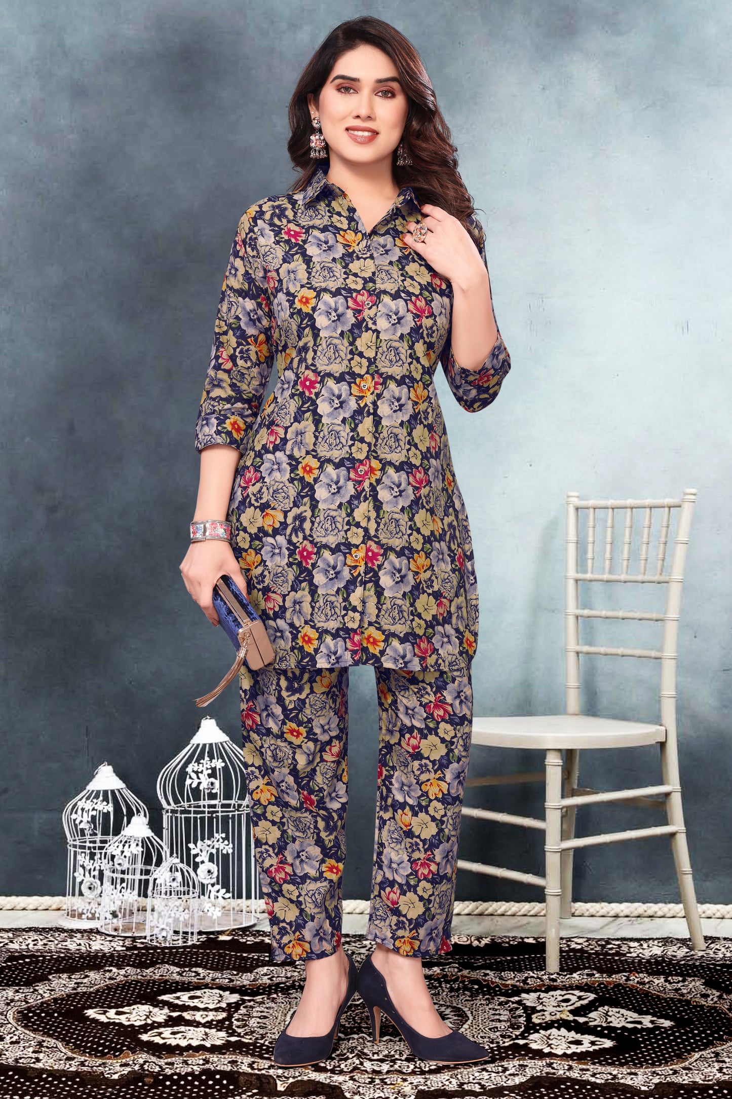 Navy Blue Floral Print Co-Ord Set for Women – Stylish & Trendy