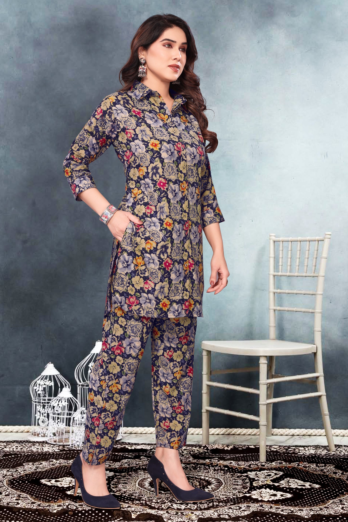 Navy Blue Floral Print Co-Ord Set for Women – Stylish & Trendy