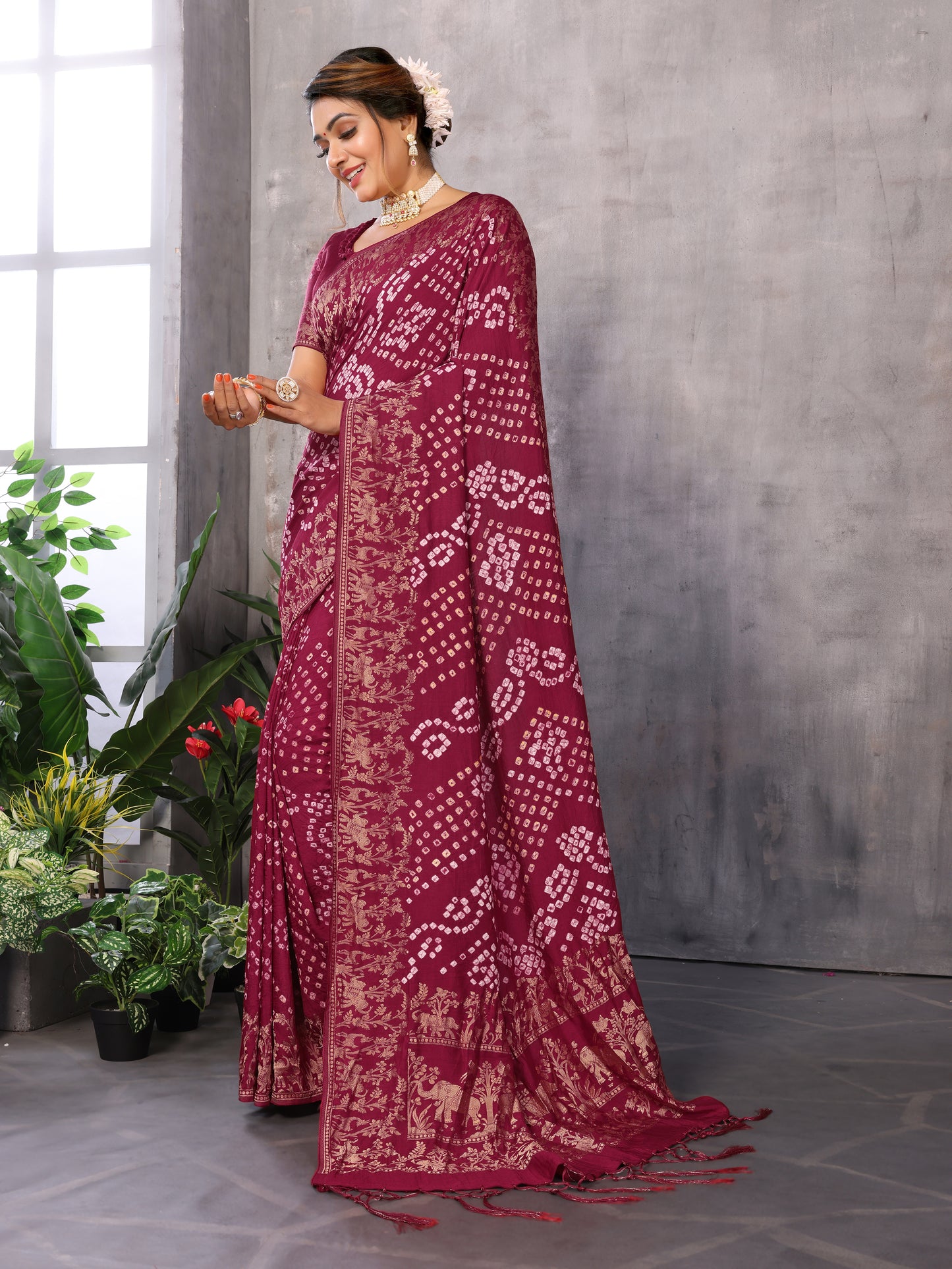 Maroon Bandhej Bandhani Misco Gaji Elephant Deer Bandhani Saree