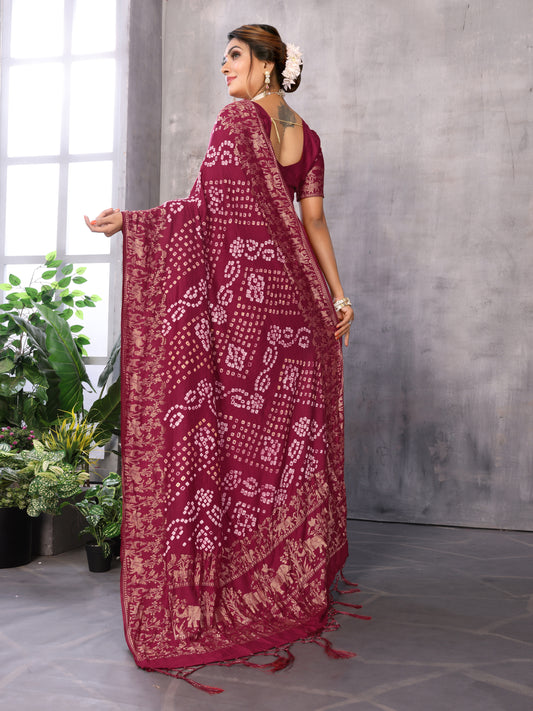 Maroon Bandhej Bandhani Misco Gaji Elephant Deer Bandhani Saree