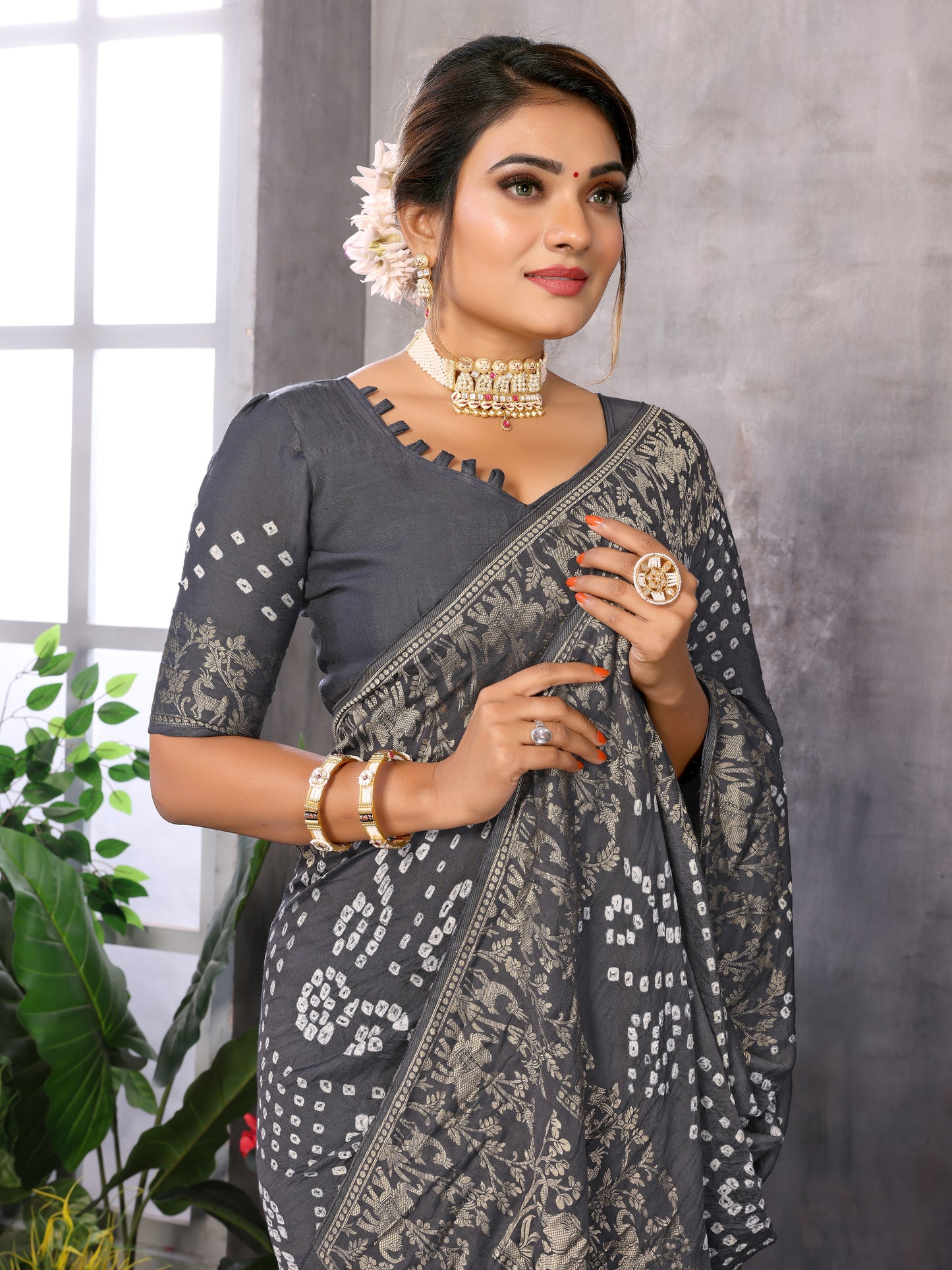 Grey Bandhej Bandhani Misco Gaji Elephant Deer Bandhani Saree