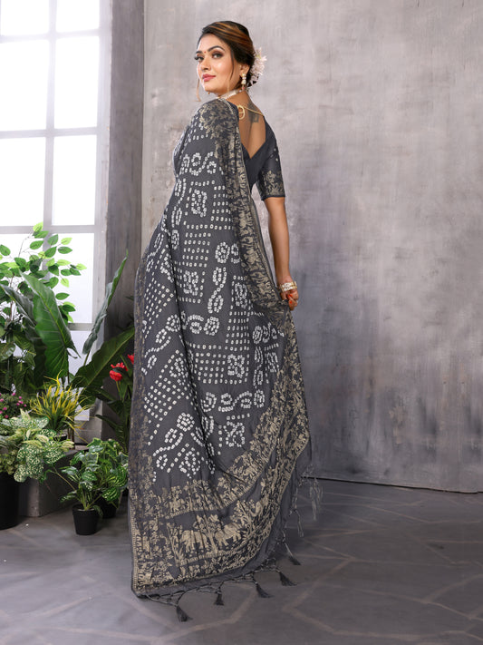 Grey Bandhej Bandhani Misco Gaji Elephant Deer Bandhani Saree