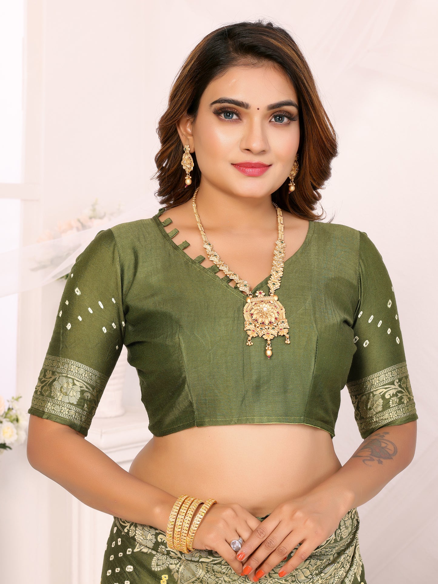 Mehendi Green Bandhej Bandhani Misco Gaji Bandhani Saree