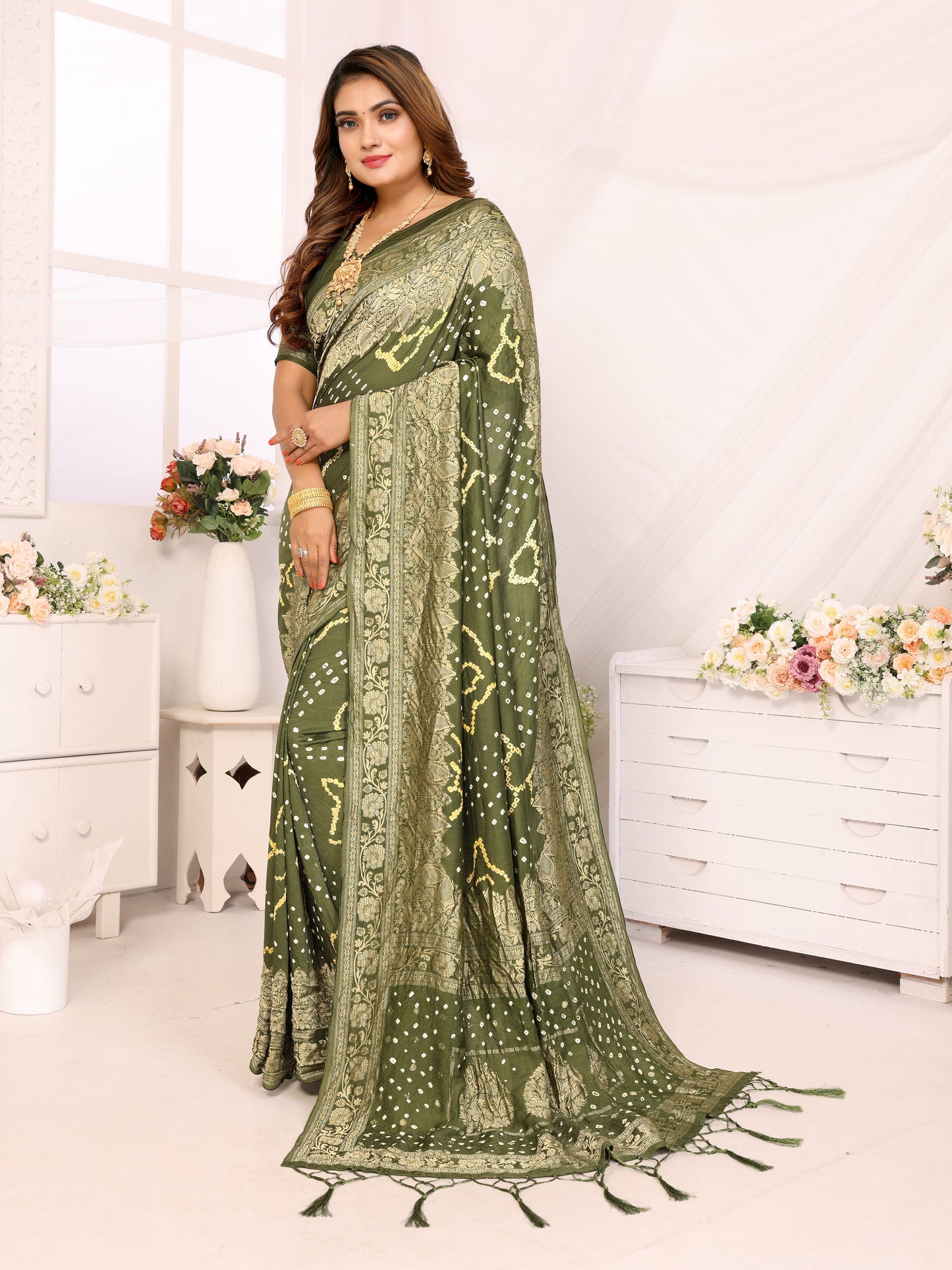 Mehendi Green Bandhej Bandhani Misco Gaji Bandhani Saree