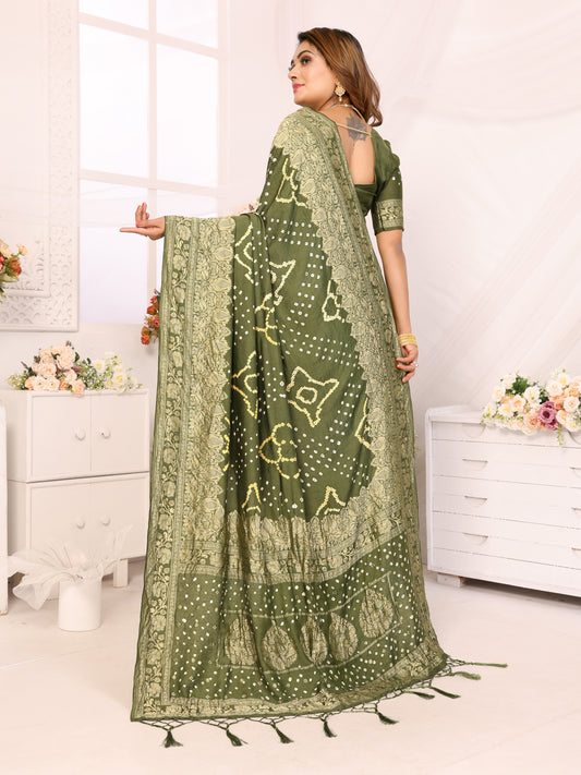 Mehendi Green Bandhej Bandhani Misco Gaji Bandhani Saree