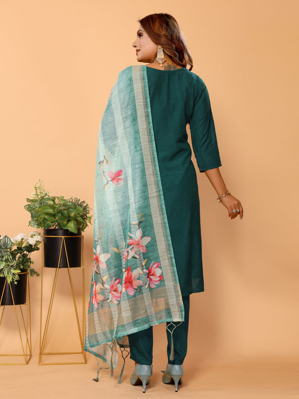 Cyan Ethnic Motifs Woven Design Kurta set with Dupatta