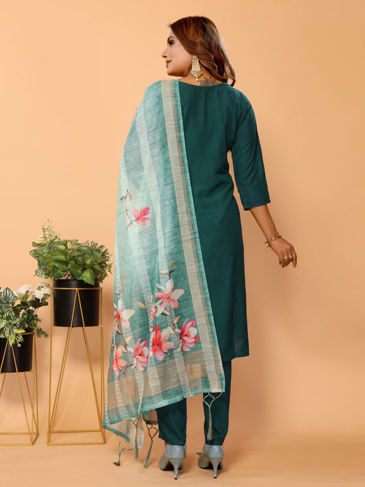 Cyan Ethnic Motifs Woven Design Kurta set with Dupatta