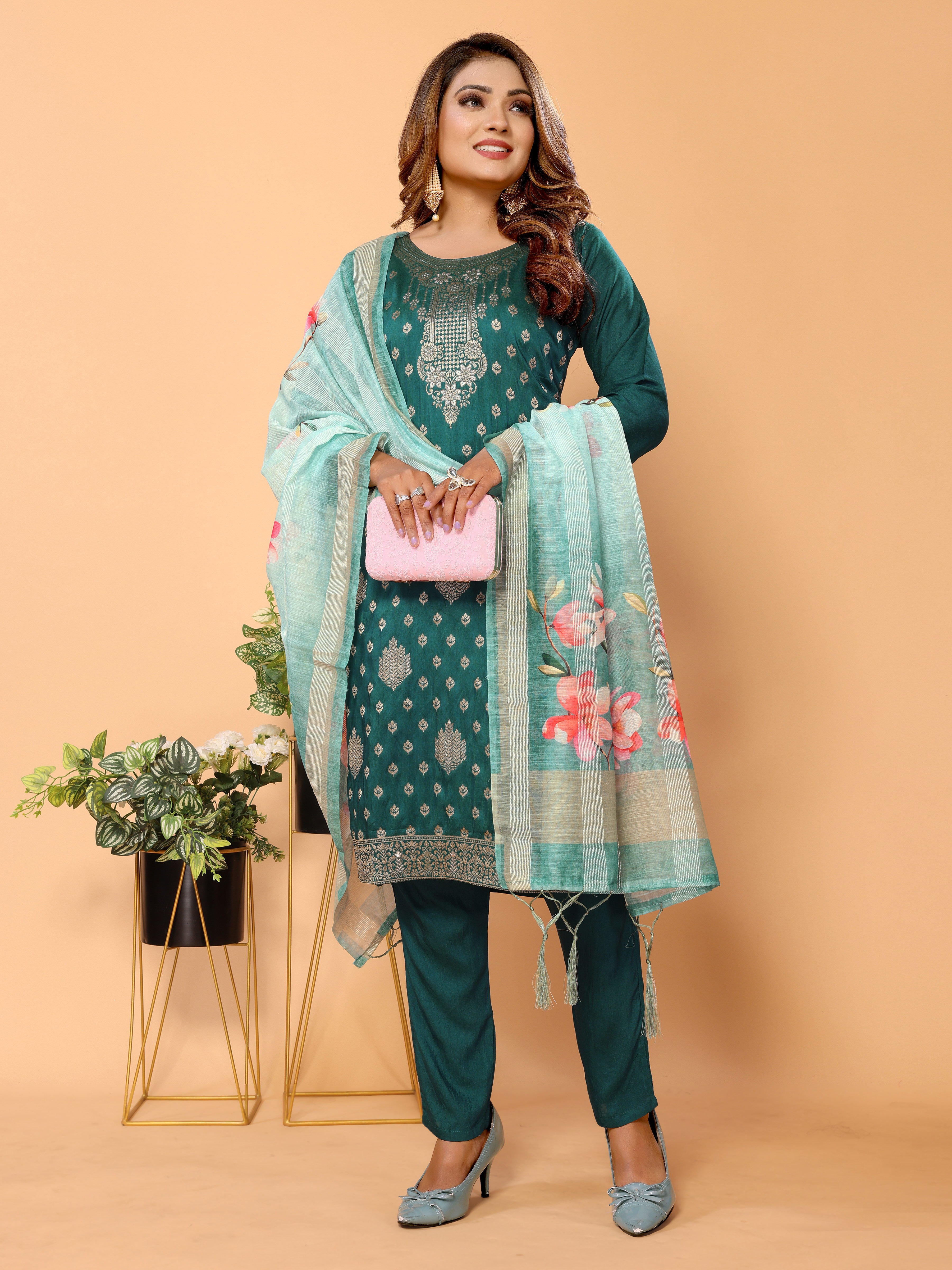 Cyan Ethnic Motifs Woven Design Kurta set with Dupatta