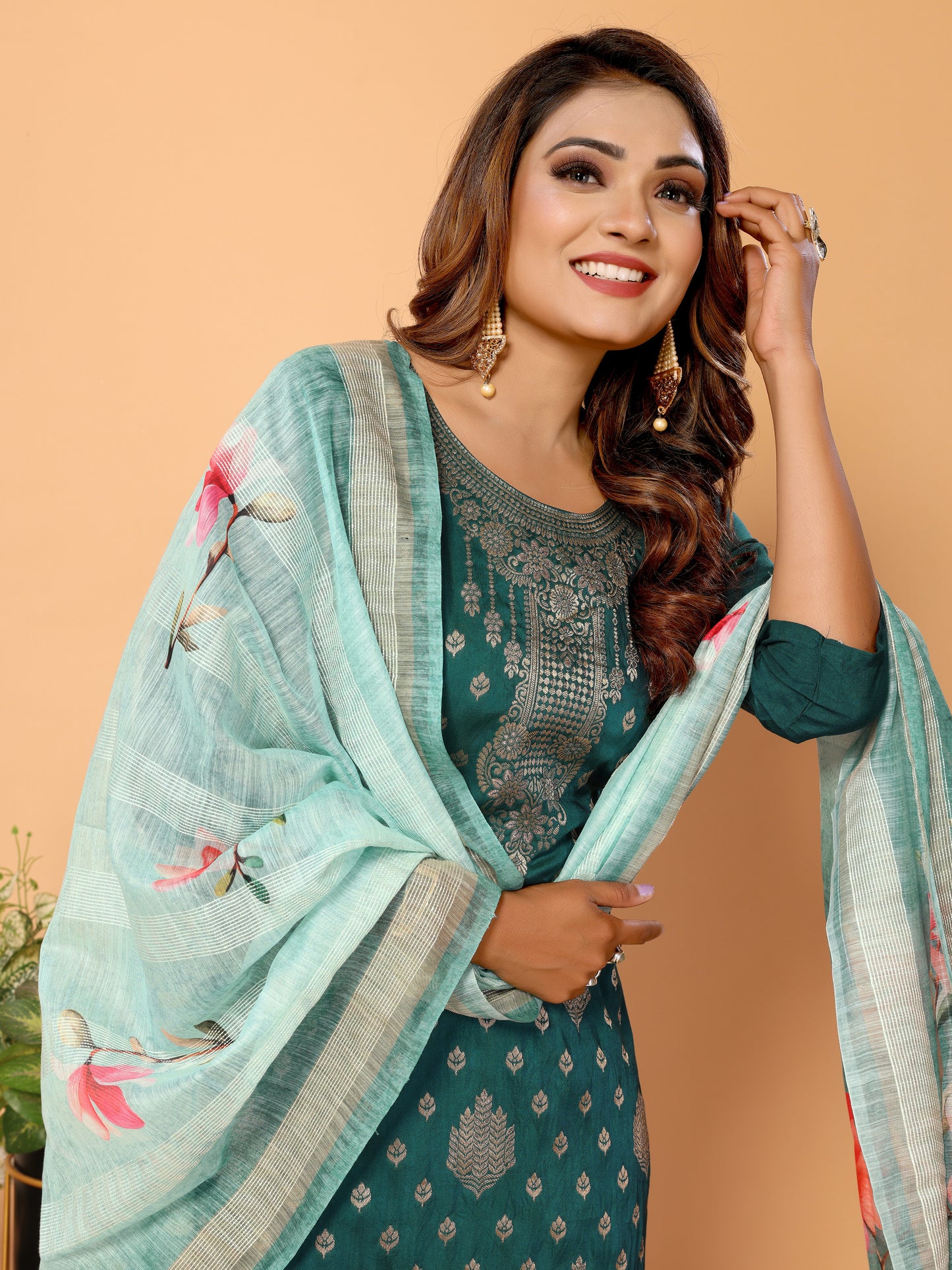 Cyan Ethnic Motifs Woven Design Kurta set with Dupatta