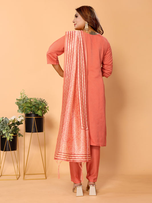 Peach Floral Woven Design Viscose Kurta set with Dupatta