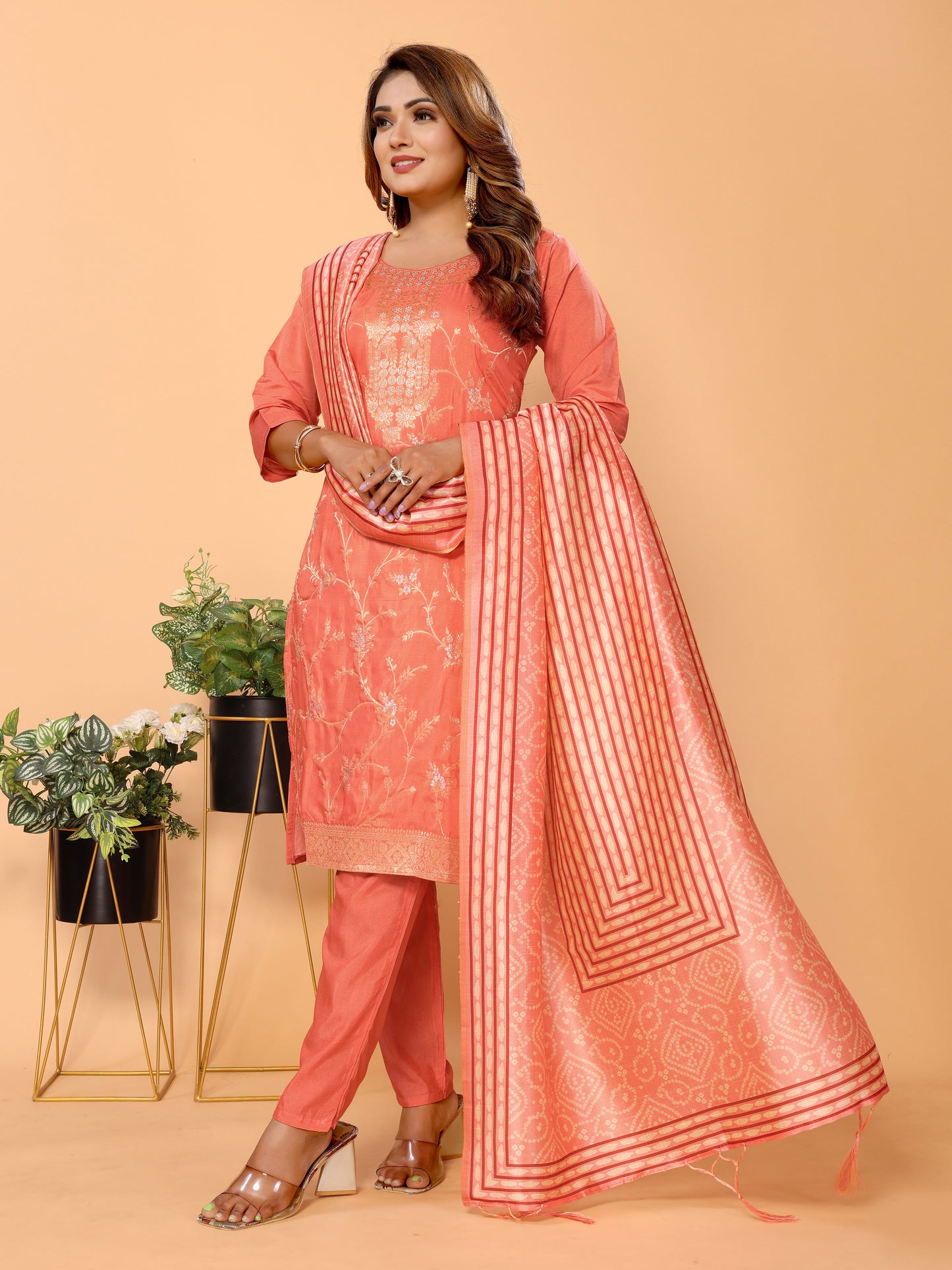 Peach Floral Woven Design Viscose Kurta set with Dupatta