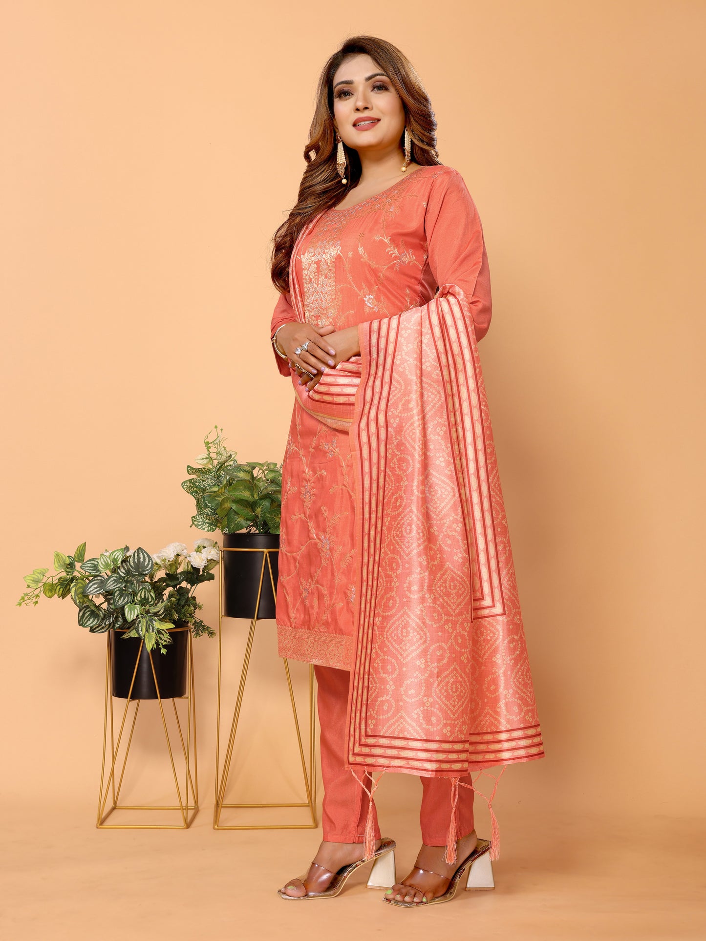 Peach Floral Woven Design Viscose Kurta set with Dupatta