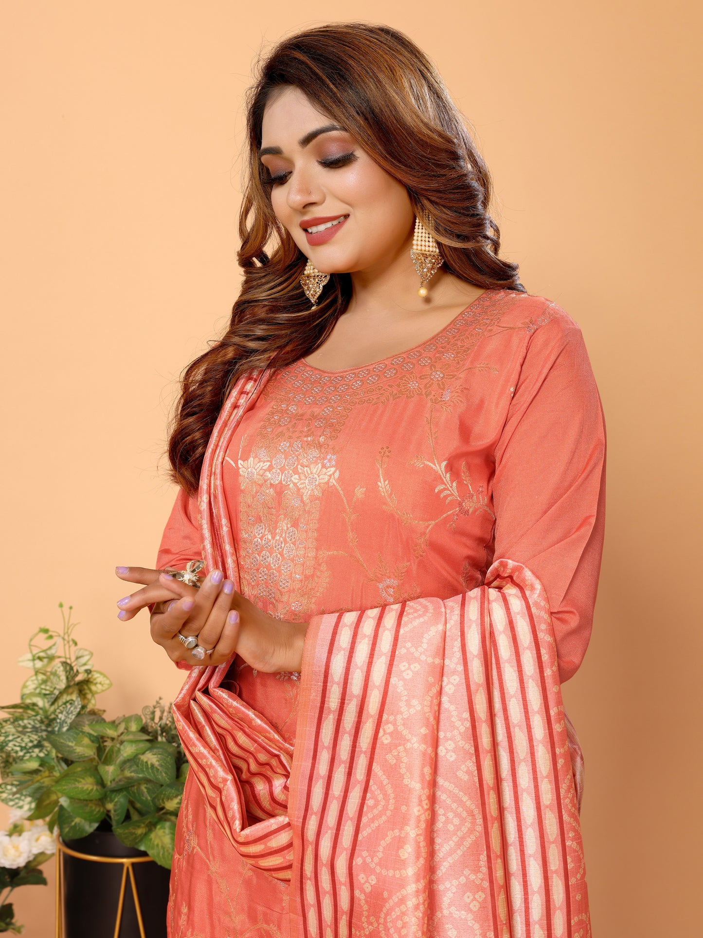Peach Floral Woven Design Viscose Kurta set with Dupatta